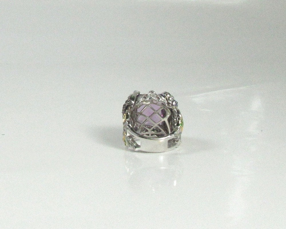 18K White Gold Amethyst Cocktail Ring: Sapphire, Ruby, Diamond Butterfly Flower Ring