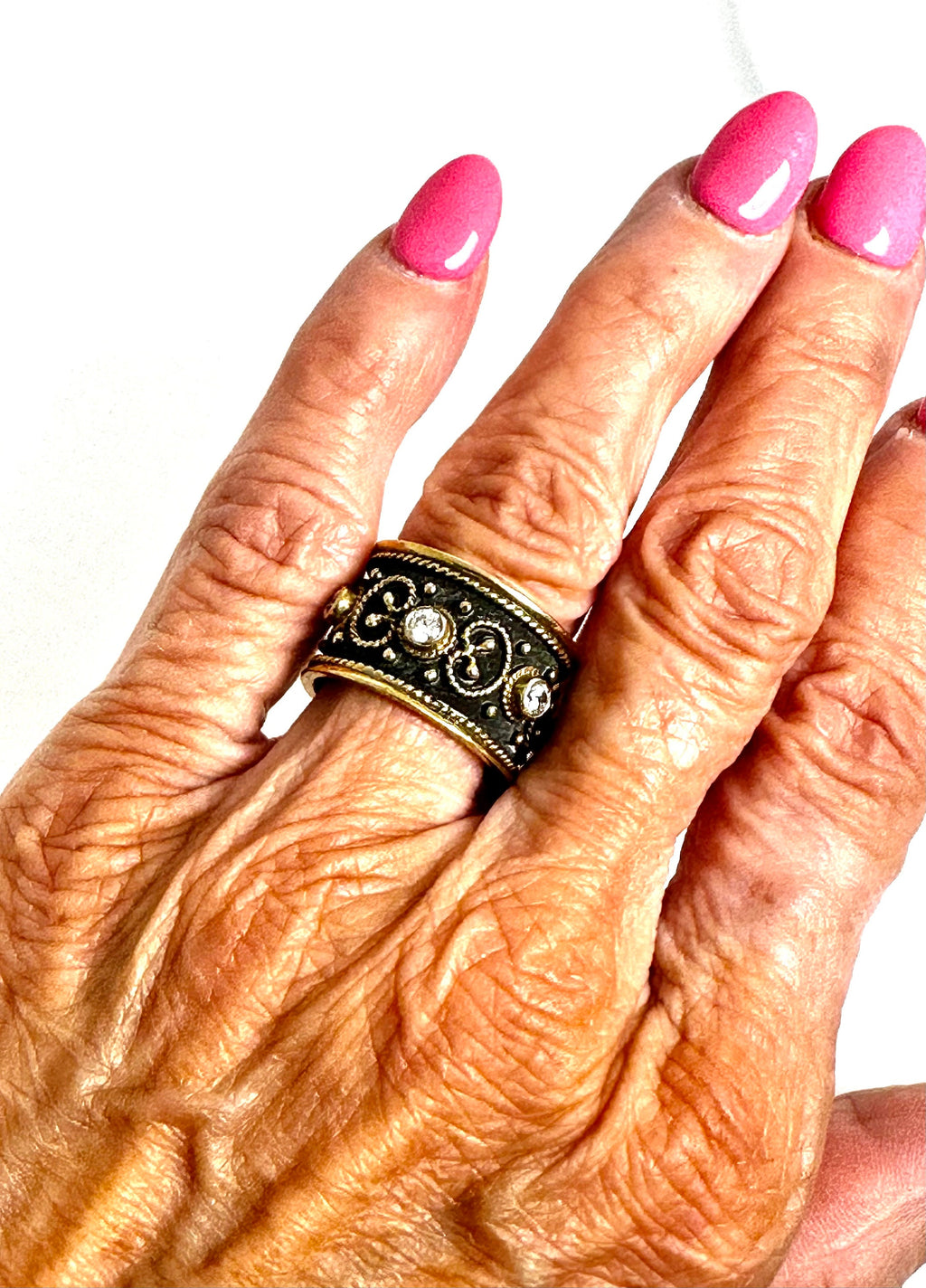 Hand Crafted Oxidized Sterling Silver Ring with Gold Plated Accents and Cubic Zirconia