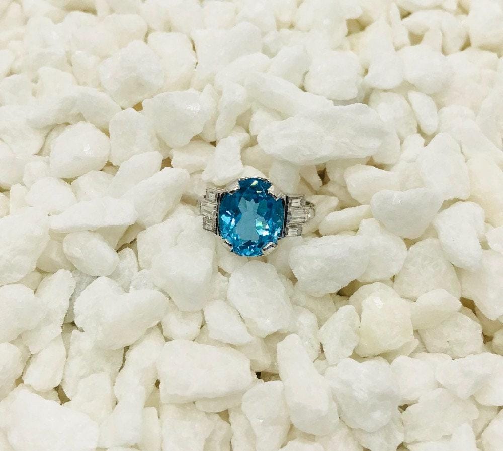Vintage 10k White Gold Blue Topaz Ring with CZ Accents