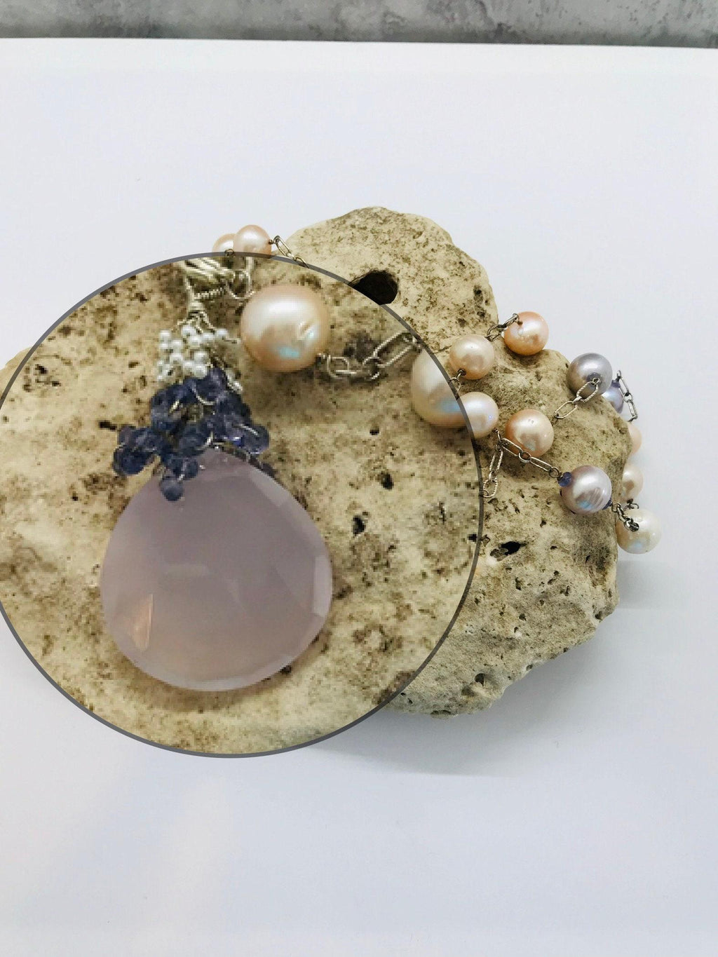 Sterling Silver Fresh Water Pearl Necklace with Rose Quartz Pendant