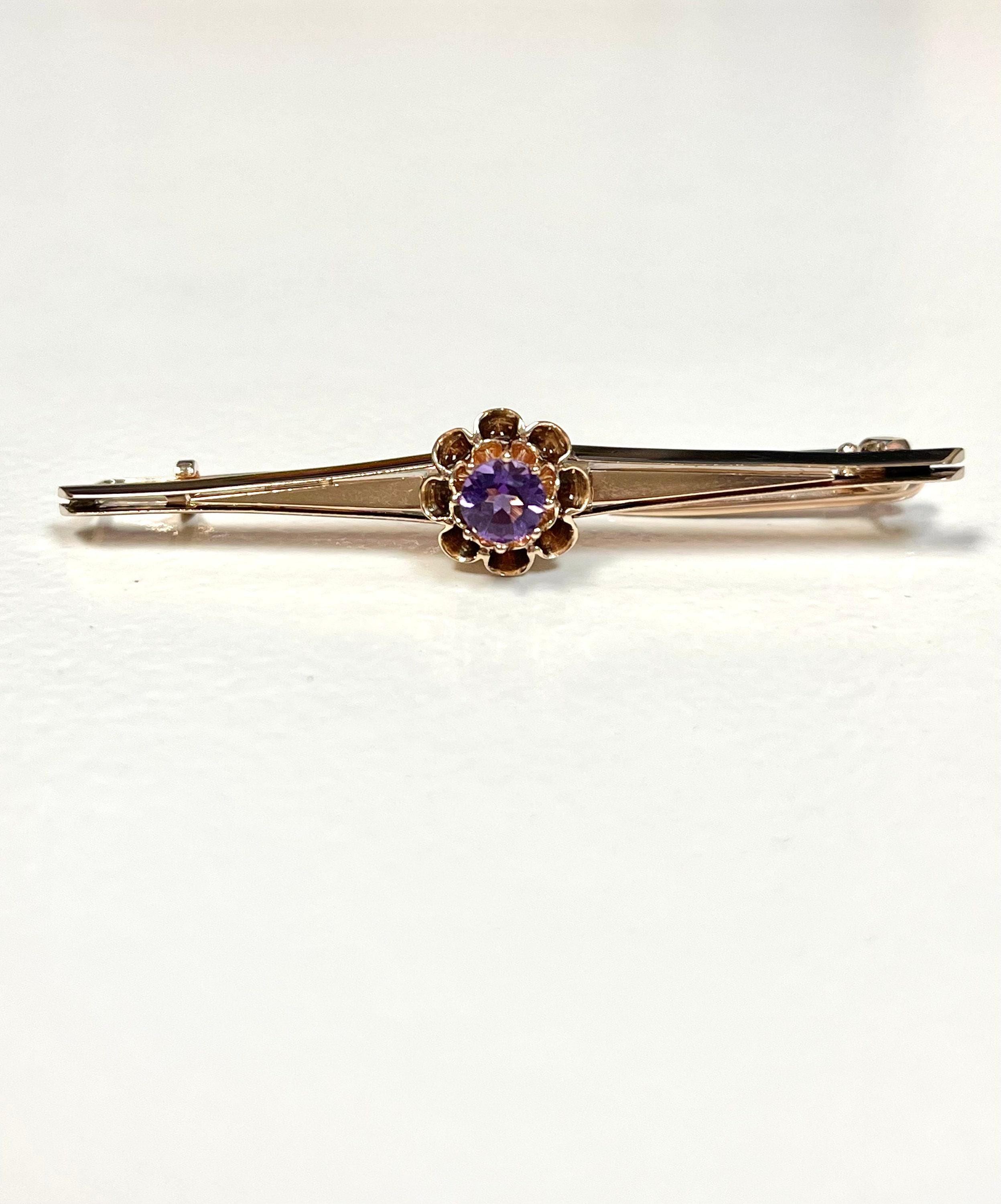 Antique 14k Yellow Gold Amethyst Bar Pin Brooch
