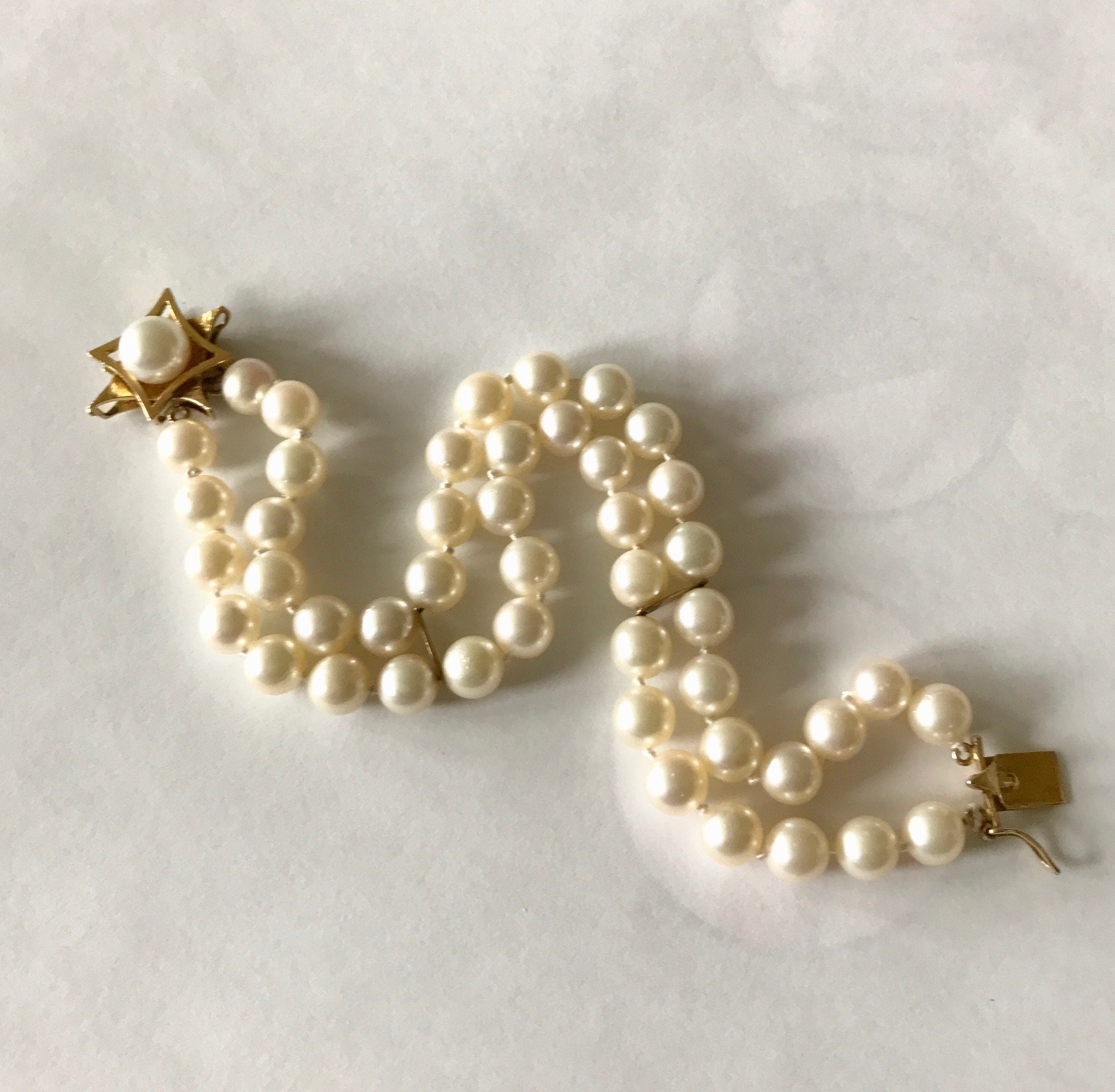 Vintage 14K Gold Double Strand Pearl Bracelet: 6.5-7mm Cultured Pearls