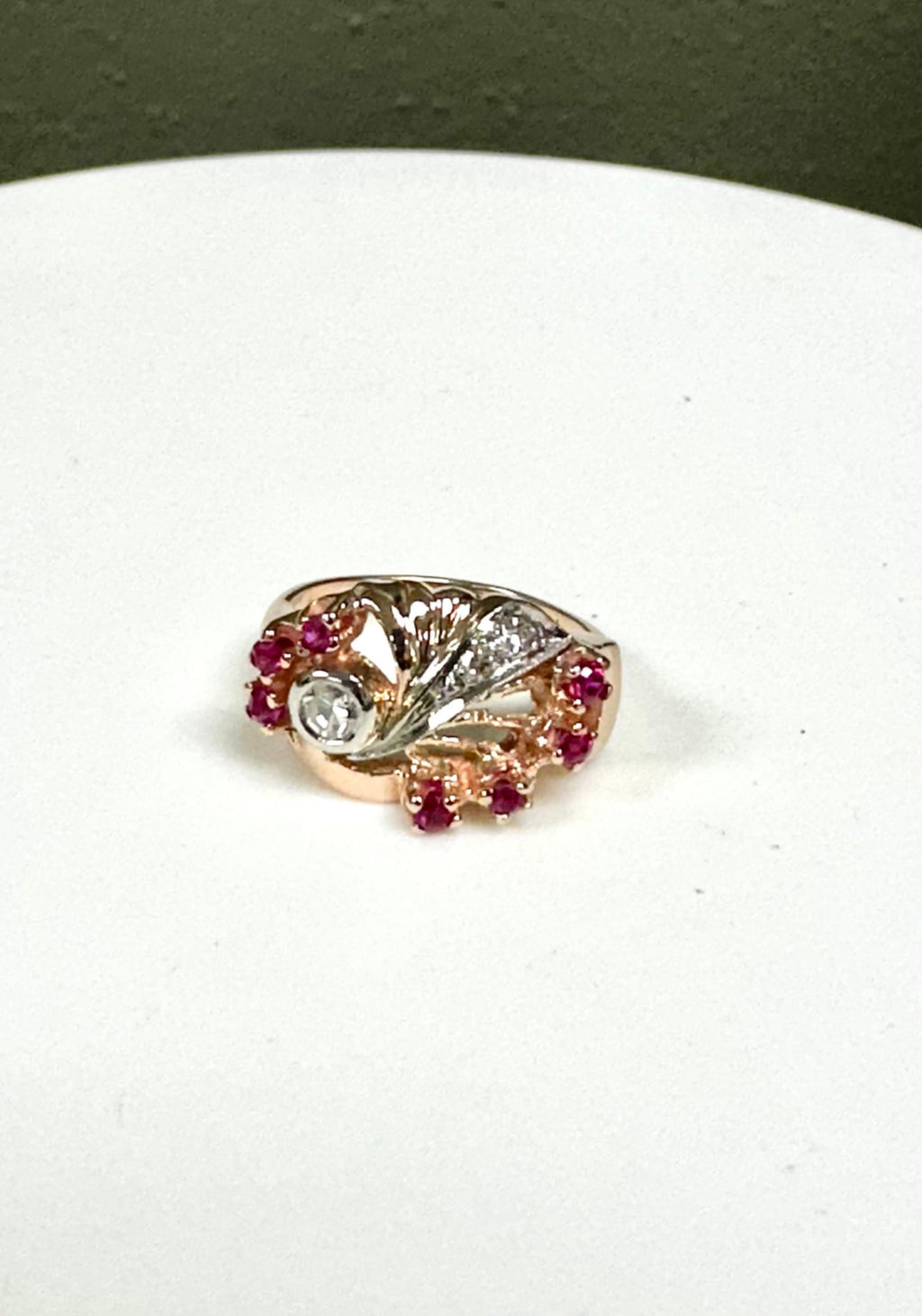 Vintage 14K Yellow-Pinkish Gold Ruby and Diamond Retro Ring - Cocktail Jewelry