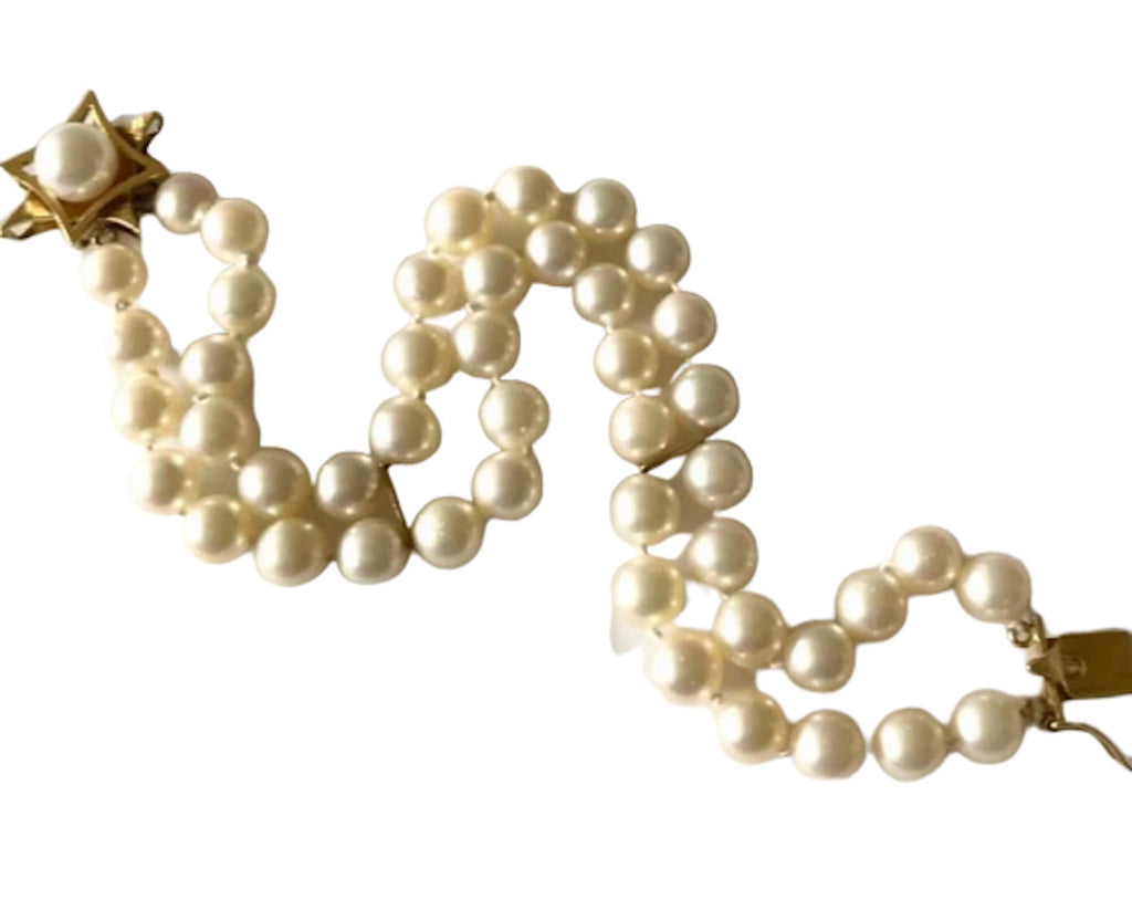 Vintage 14K Gold Double Strand Pearl Bracelet: 6.5-7mm Cultured Pearls