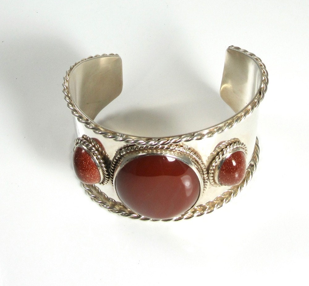 Sterling Silver Sardonyx & Gold Stone Cuff Bracelet - Statement Jewelry