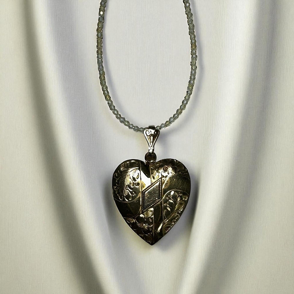 Vintage Gold-Filled Engraved Heart Locket Necklace Suspended by Quartz Crystal