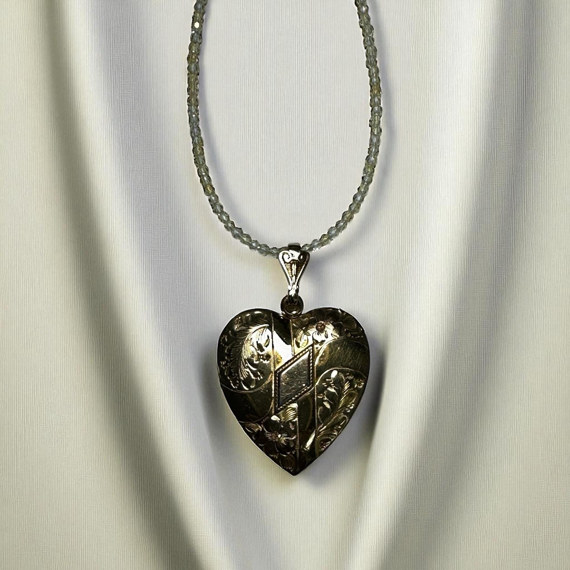 Vintage Gold-Filled Engraved Heart Locket Necklace Suspended by Quartz Crystal