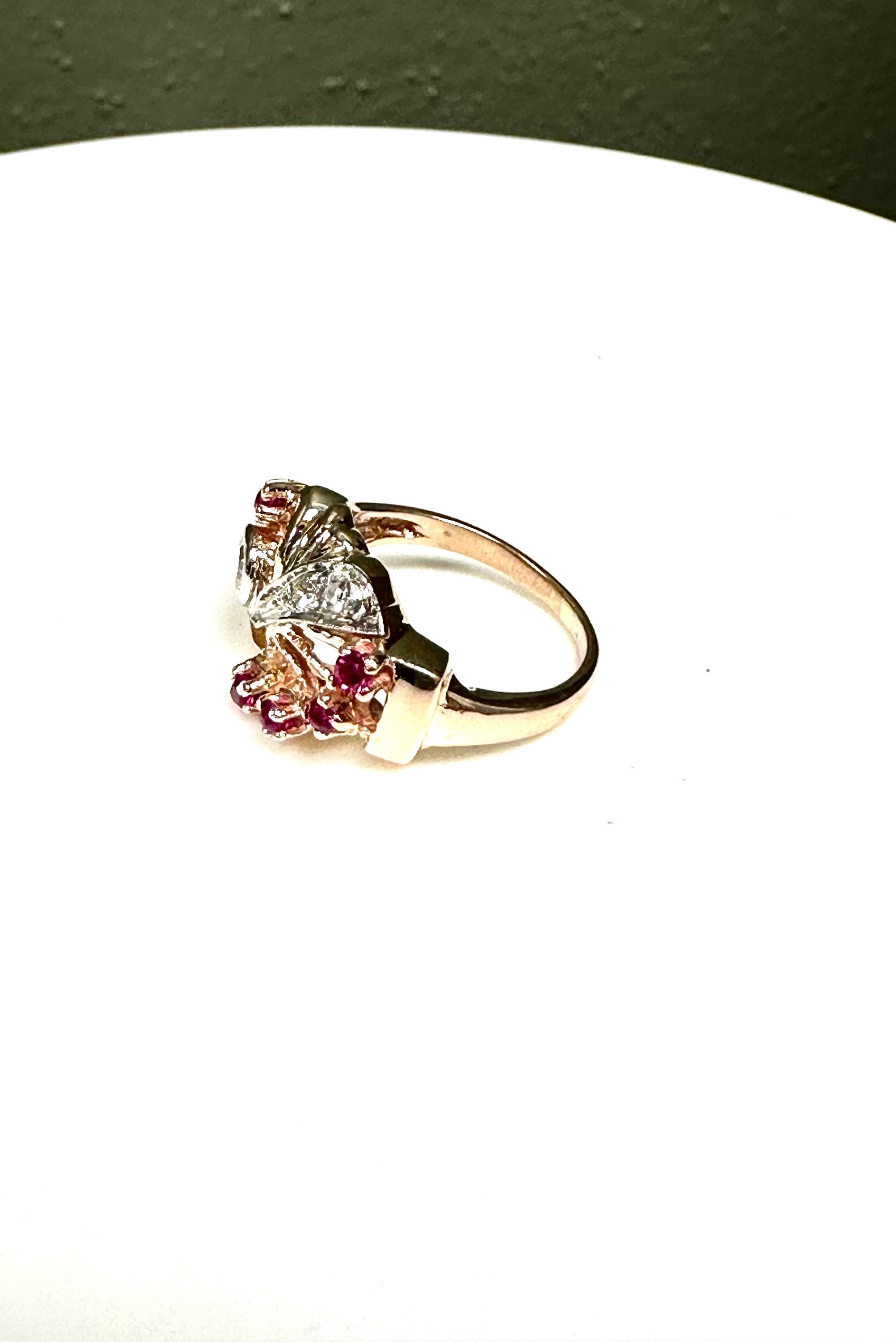 Vintage 14K Yellow-Pinkish Gold Ruby and Diamond Retro Ring - Cocktail Jewelry