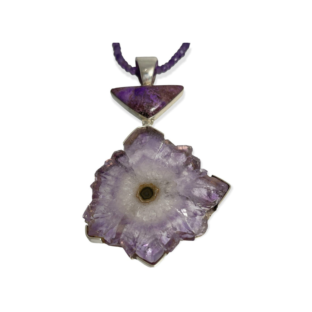 Vintage Sterling Silver Amethyst Stalactite Slice Pendant with Sugilite