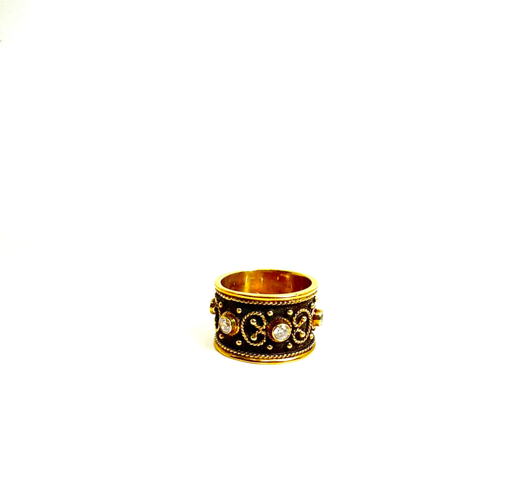 Hand Crafted Oxidized Sterling Silver Ring with Gold Plated Accents and Cubic Zirconia