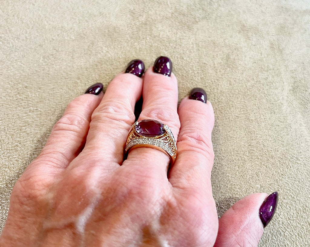 Vintage Yellow Gold Amethyst Diamond Ring - Filigree Design