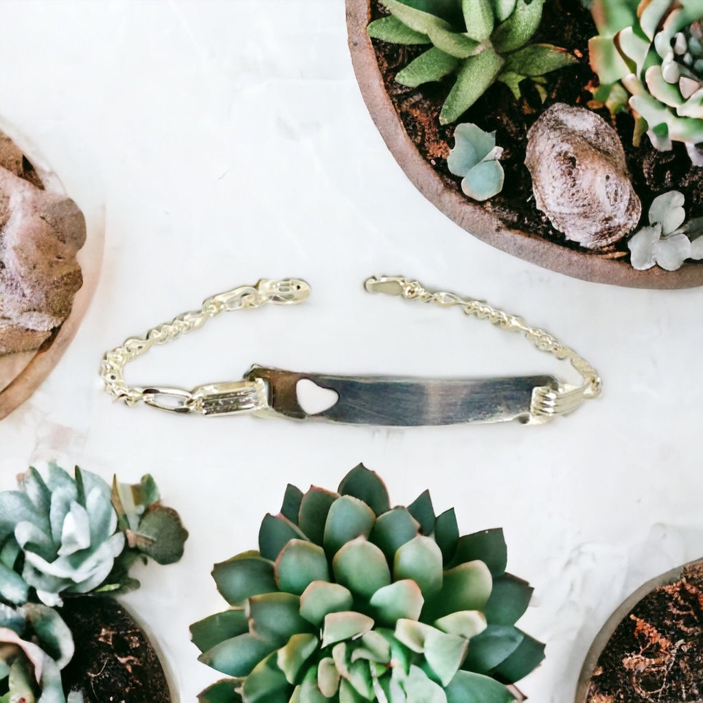 Sterling Silver Childs ID Bracelet: Vintage Figaro Chain, Heart Cutout