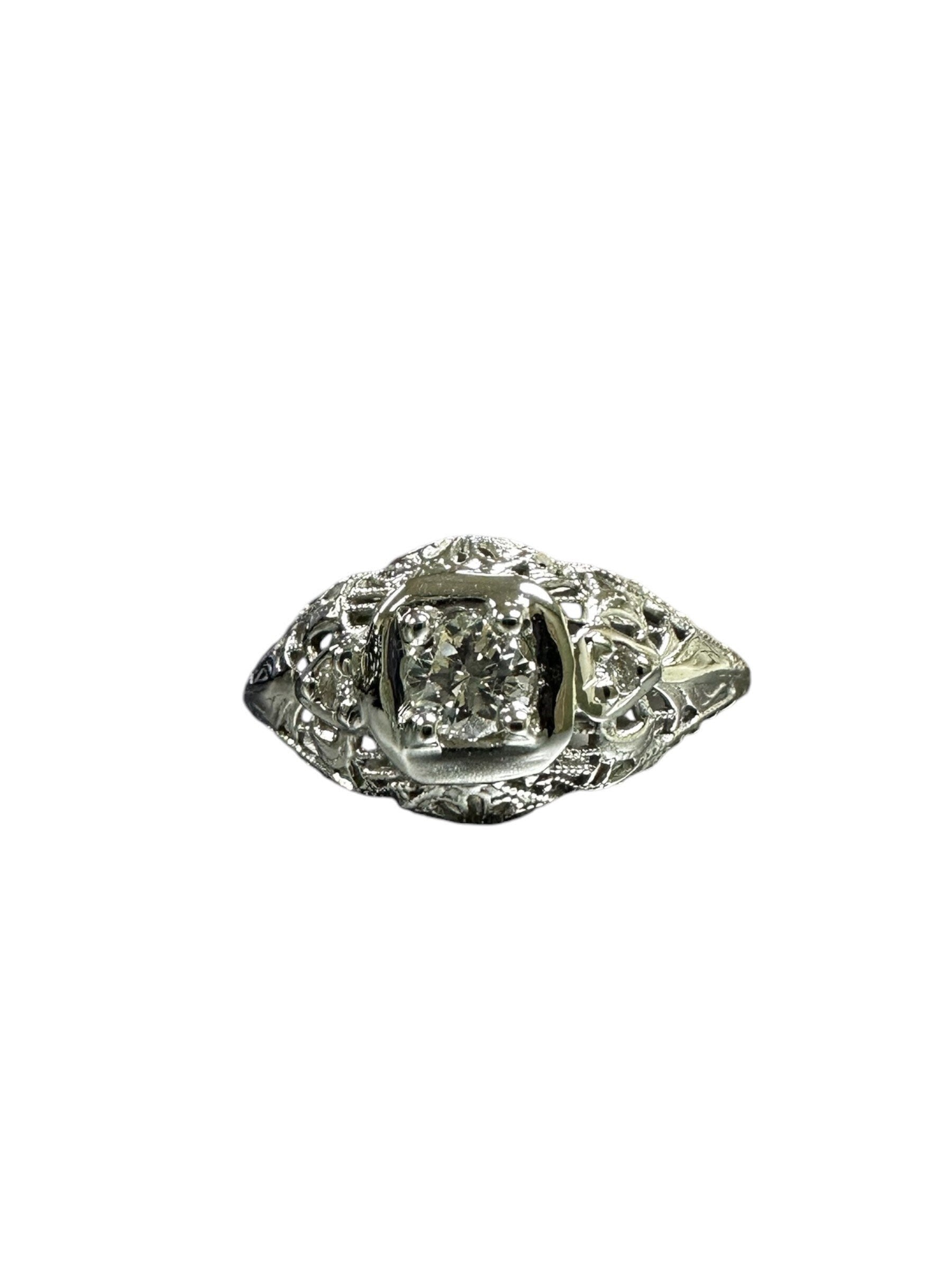 Vintage 18K White Gold Diamond Ring - Elegant Edwardian Filigree