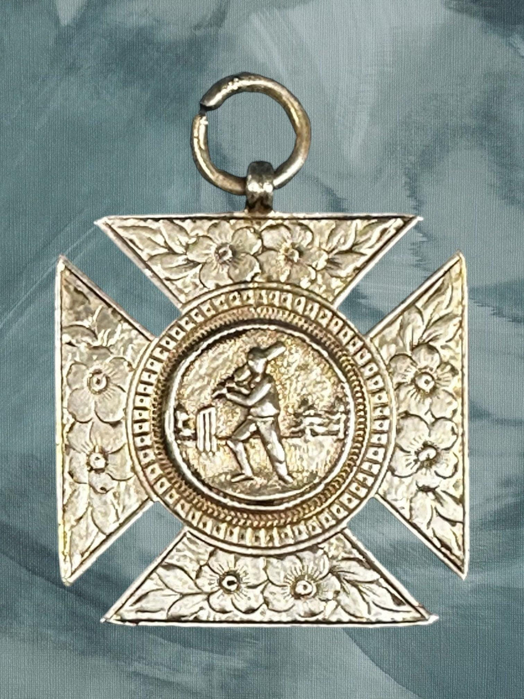Sterling Silver Hallmarked Cricket Medal with Floral Accent