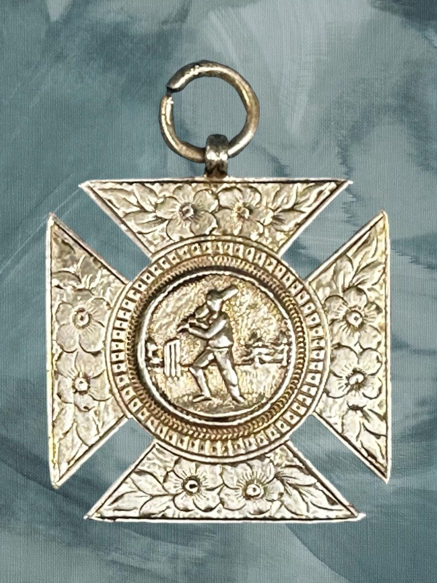 Sterling Silver Hallmarked Cricket Medal with Floral Accent