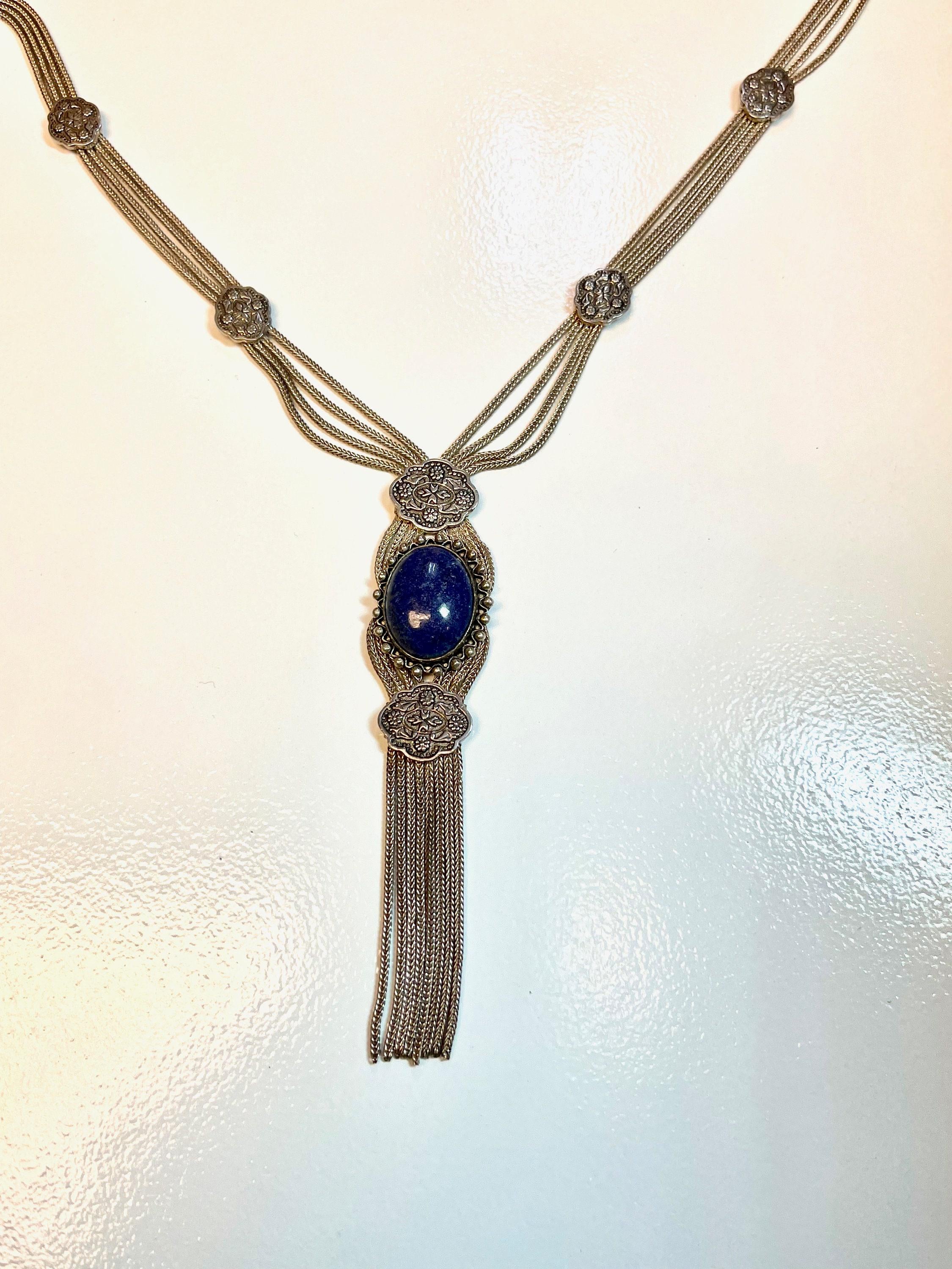 Vintage Sterling Silver Lapis Lazuli Tassel Necklace
