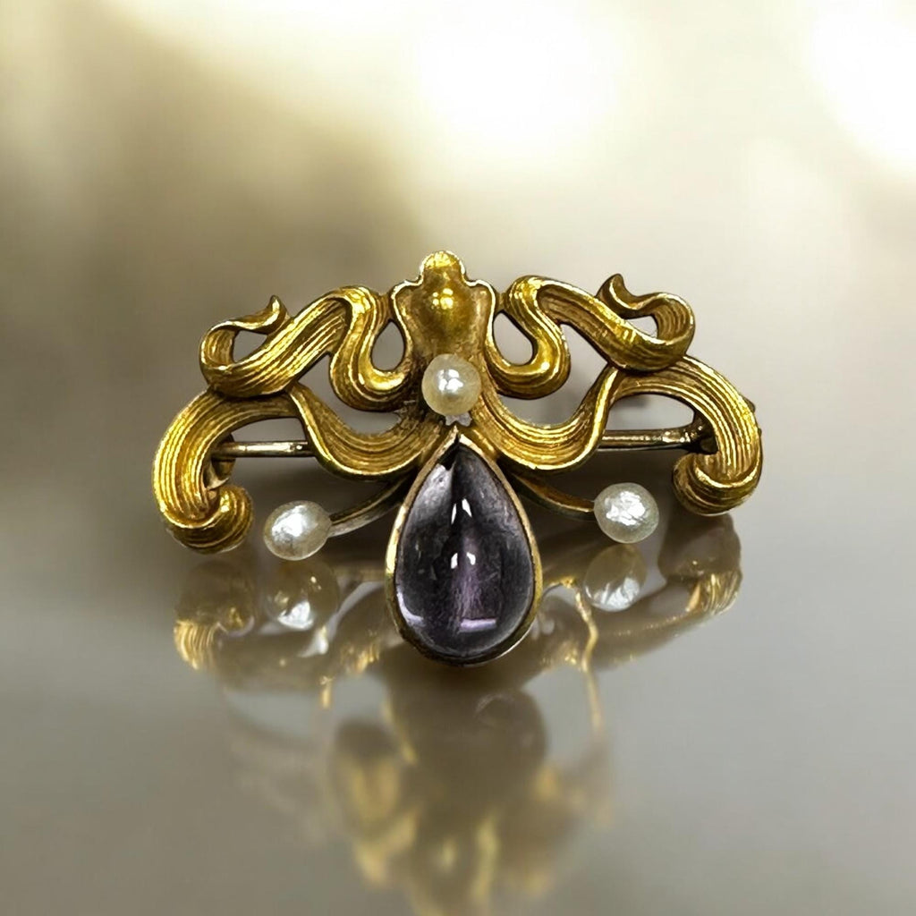 Art Nouveau Amethyst Pearl Brooch, 14K Yellow Gold Pin