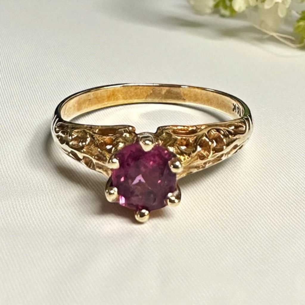 Vintage Ruby Ring, 14k Yellow Gold Filigree, July Birthstone