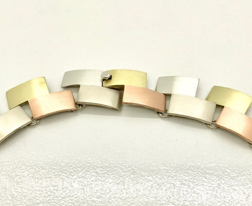 Mixed Metal Necklace Bracelet Earring Set: Sterling Silver, Brass & Copper