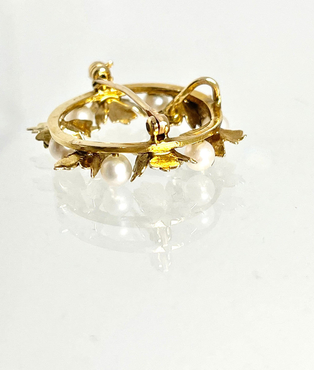 14k Gold Leaf Wreath Brooch: Vintage Cultured Pearl Pin/Pendant