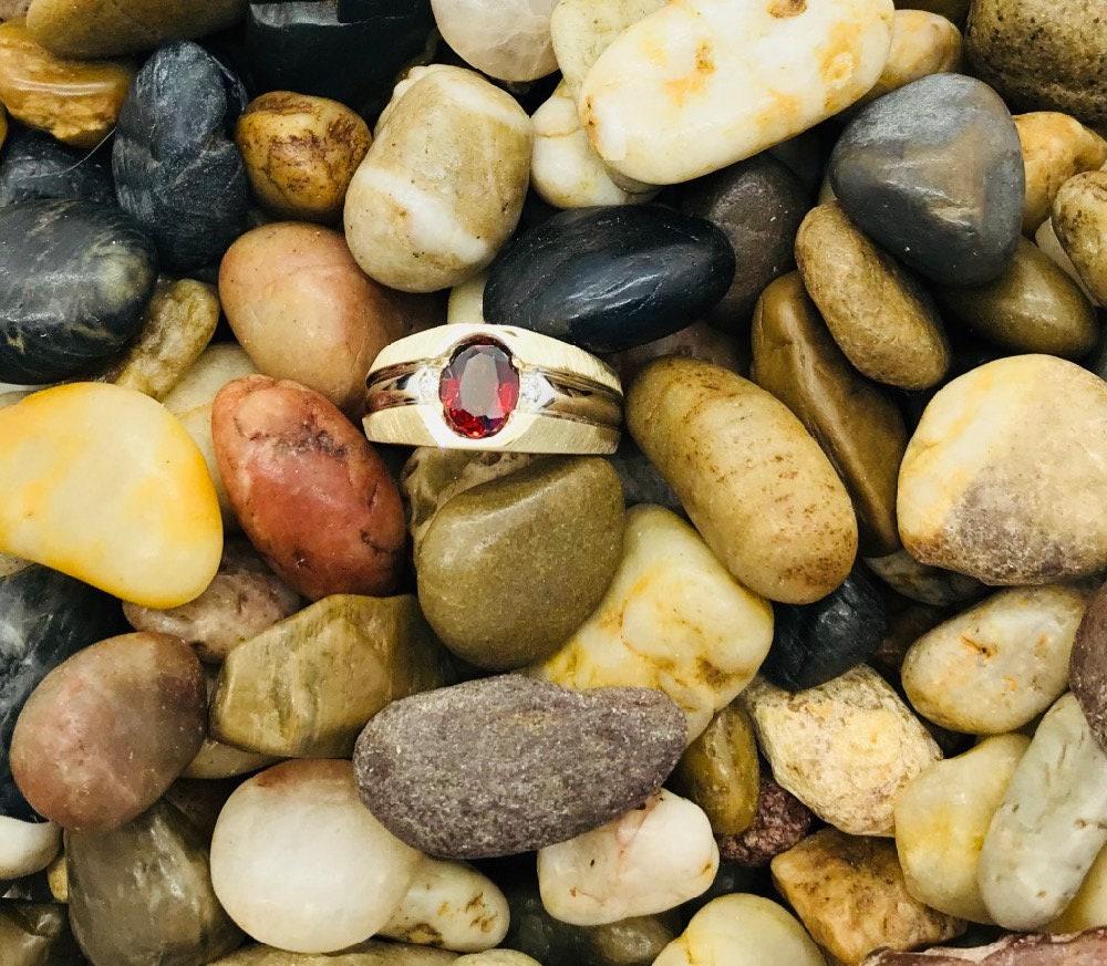 Vintage Garnet and Diamond Two Tone Gold Ring with Brush Finish