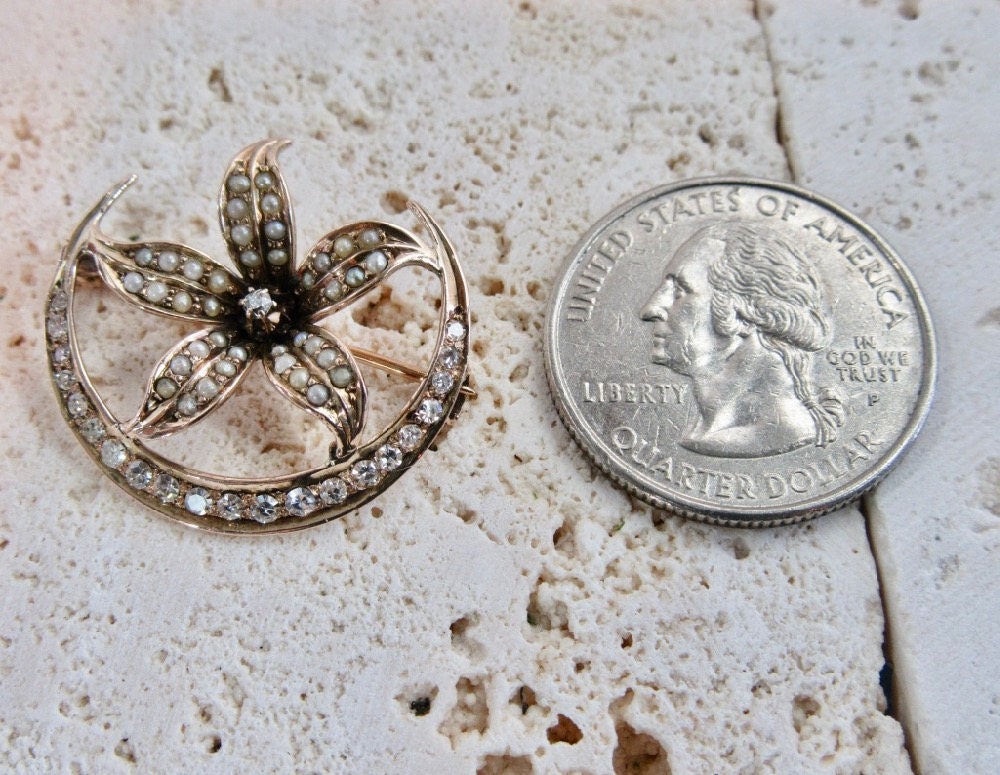 Antique Diamond & Pearl Crescent Star Pin: Victorian 14k Gold