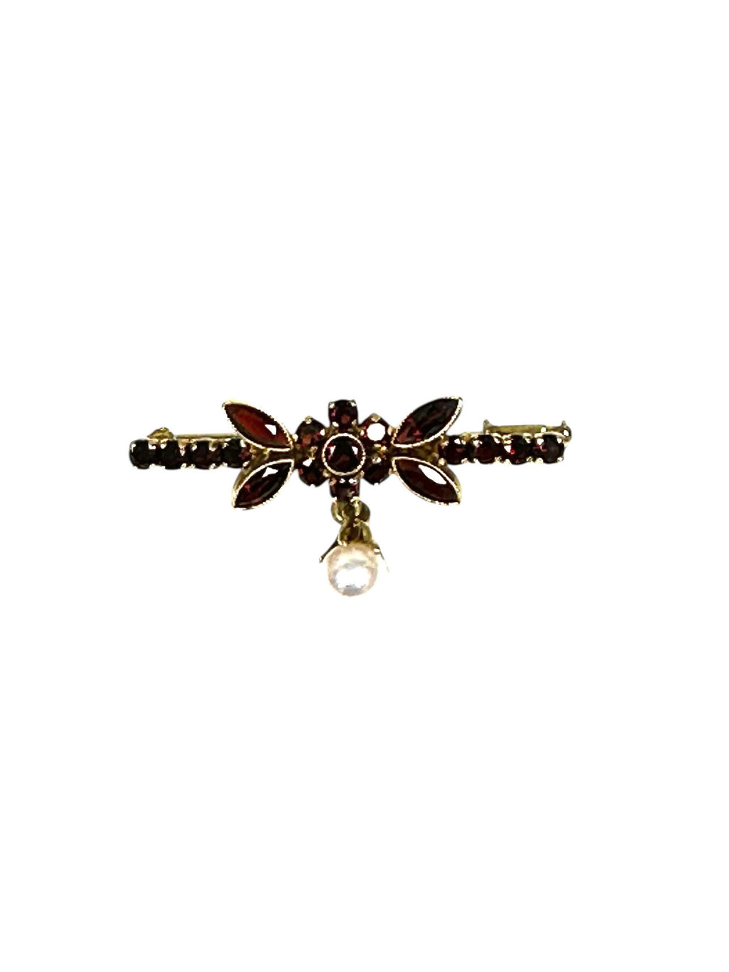 14K Yellow Gold Garnet Bar Pin with Cultured Pearl Drop in Floral Design