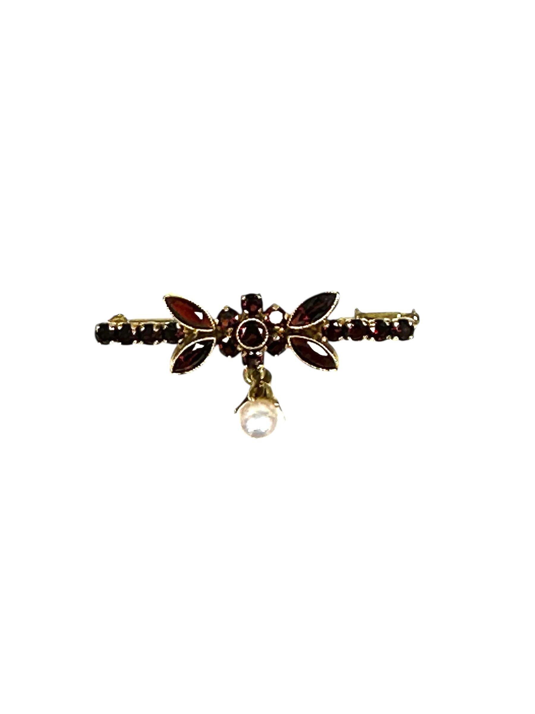 14K Yellow Gold Garnet Bar Pin with Cultured Pearl Drop in Floral Design