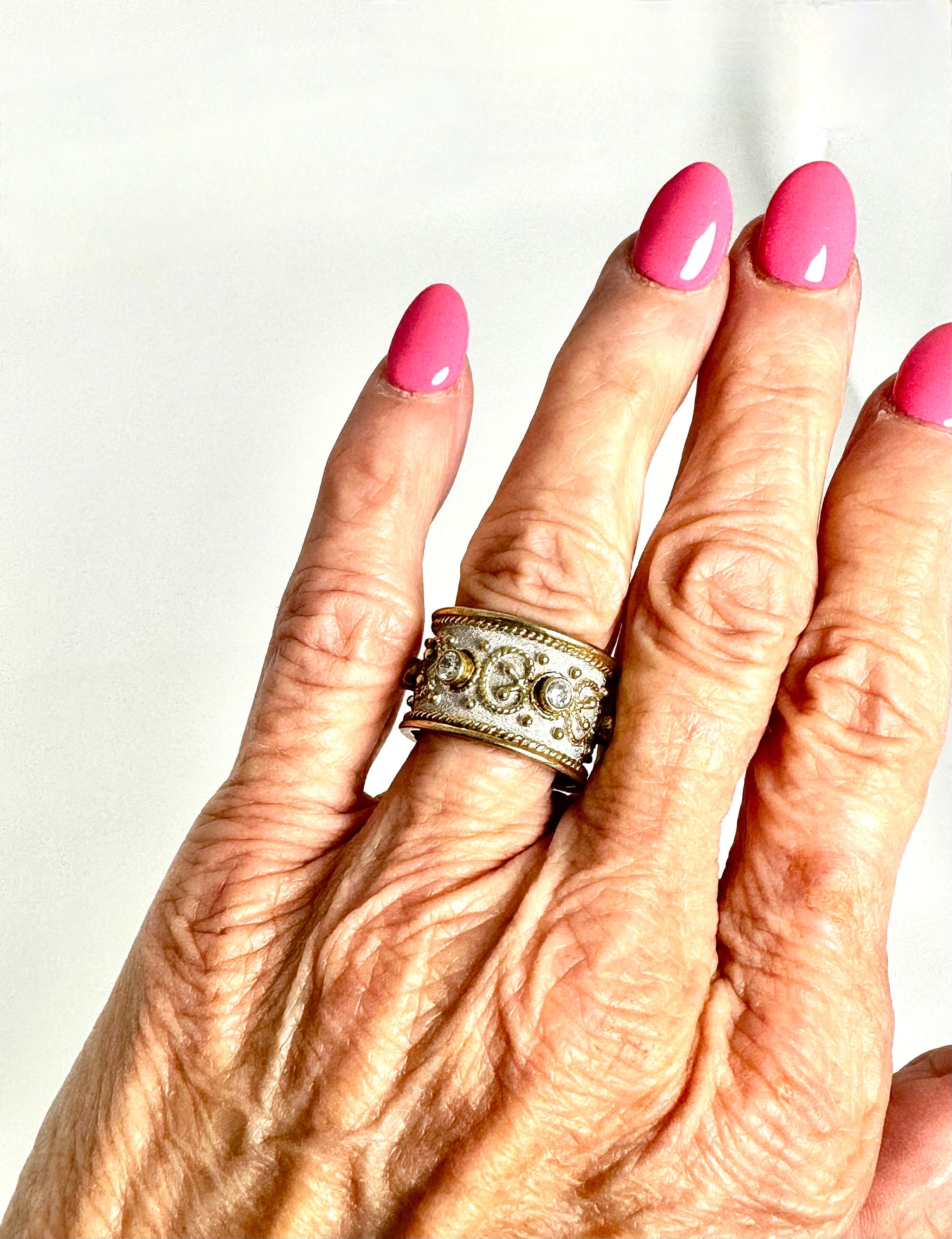 Hand Crafted Sterling Silver Ring with Gold Plated Accents and Cubic Zirconia