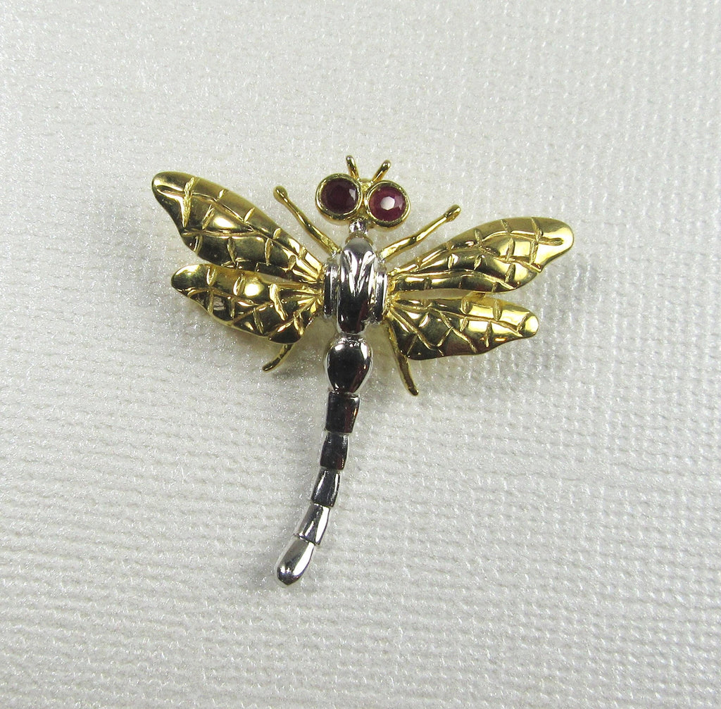 Vintage 14K Gold Dragonfly Brooch with Ruby Eyes