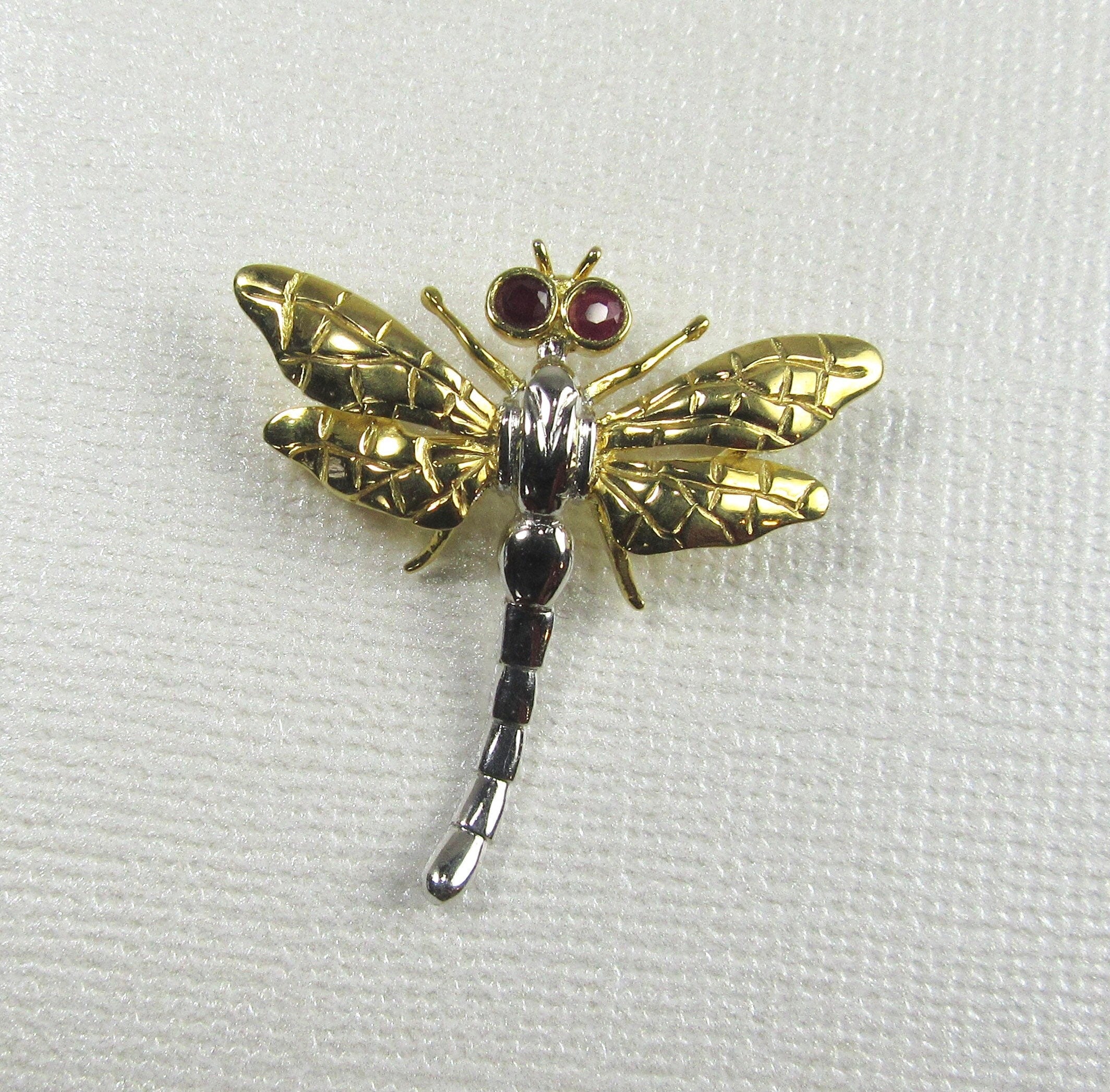 Vintage 14K Gold Dragonfly Brooch with Ruby Eyes