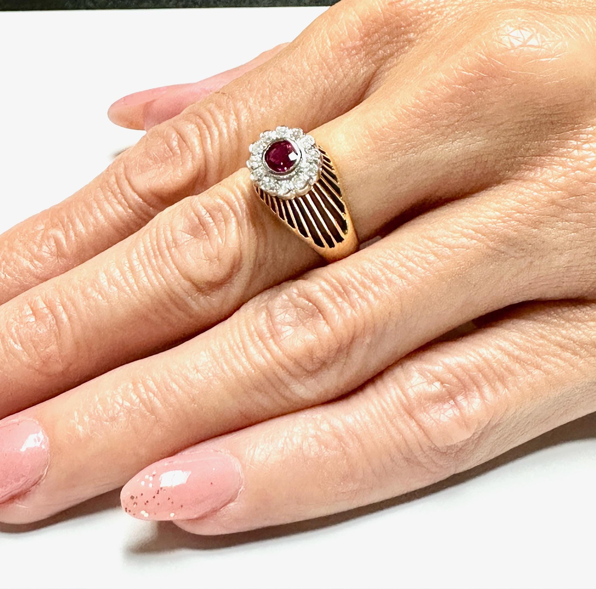 Vintage 14K Yellow Gold Ruby and Diamond Ring, Elevated Ruby Setting