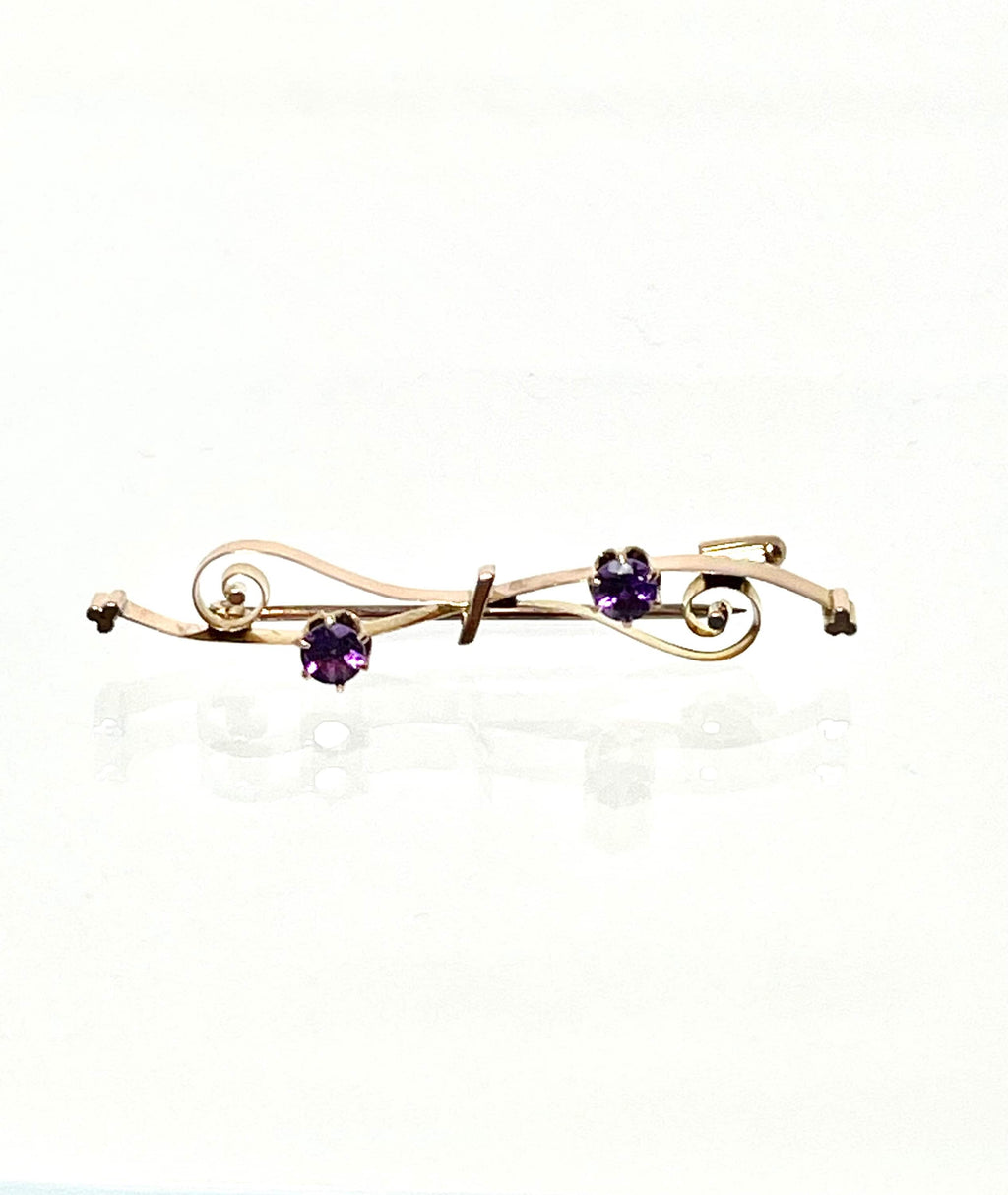 Antique 10k Gold Amethyst Bar Pin: Scrollwork Brooch