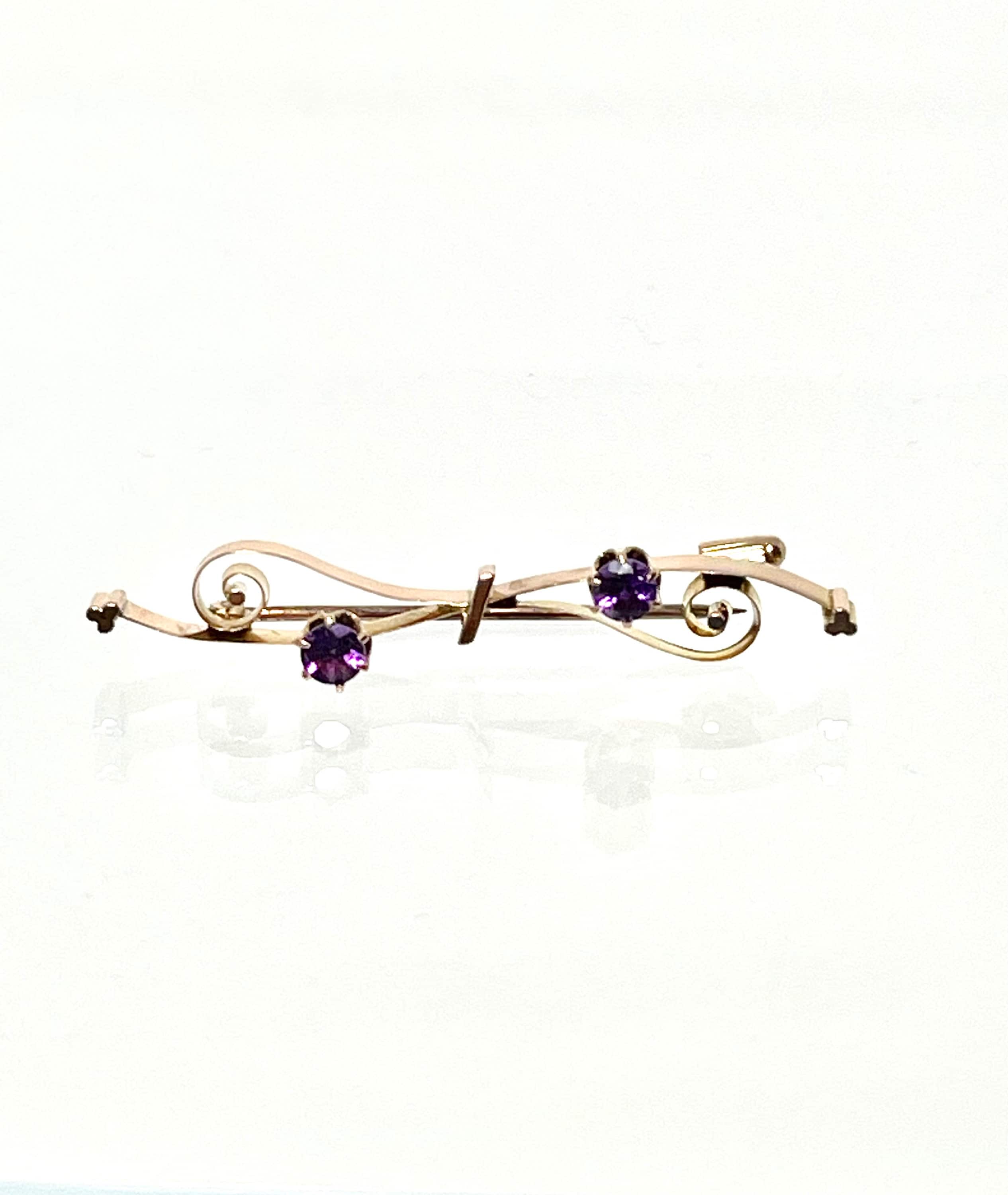 Antique 10k Gold Amethyst Bar Pin: Scrollwork Brooch