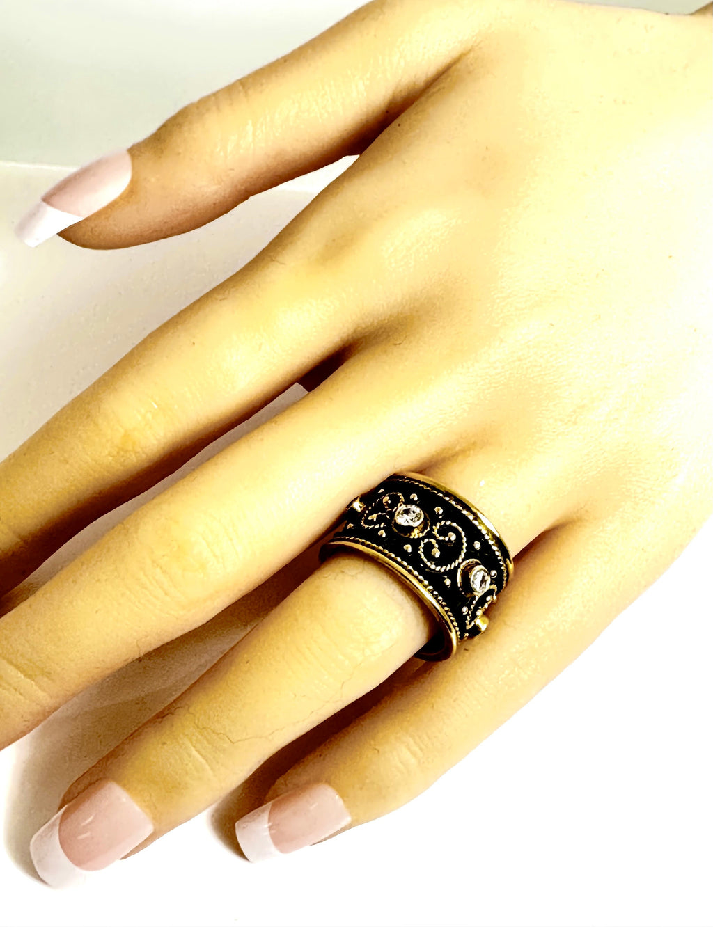 Hand Crafted Oxidized Sterling Silver Ring with Gold Plated Accents and Cubic Zirconia
