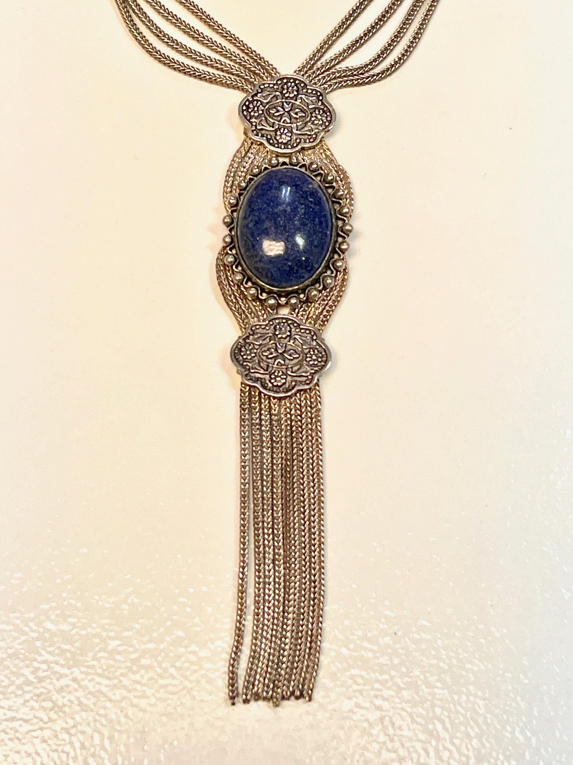 Vintage Sterling Silver Lapis Lazuli Tassel Necklace