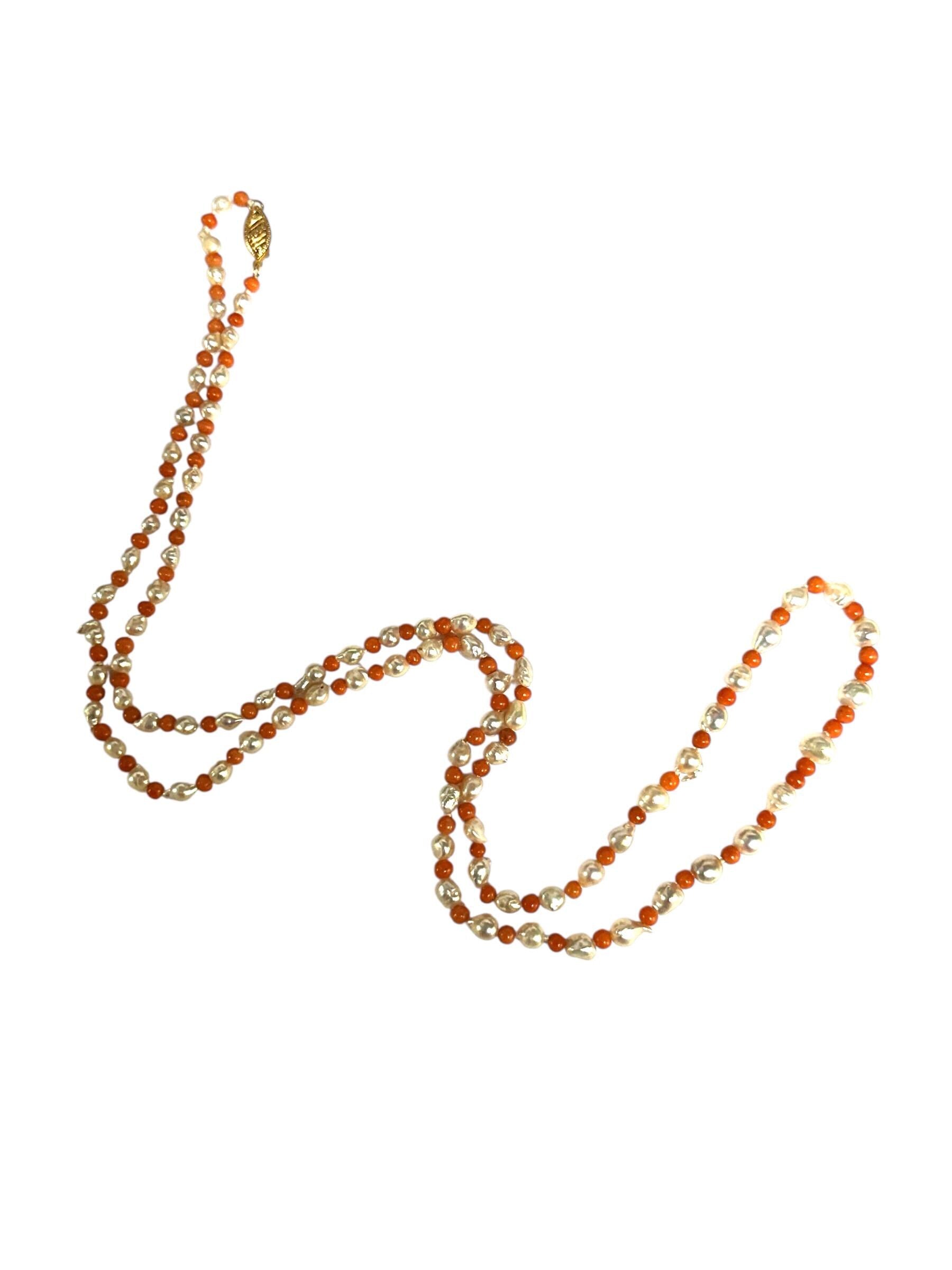Vintage Coral and Baroque Pearl Necklace: 14K Gold Filigree Clasp, 28 Inch