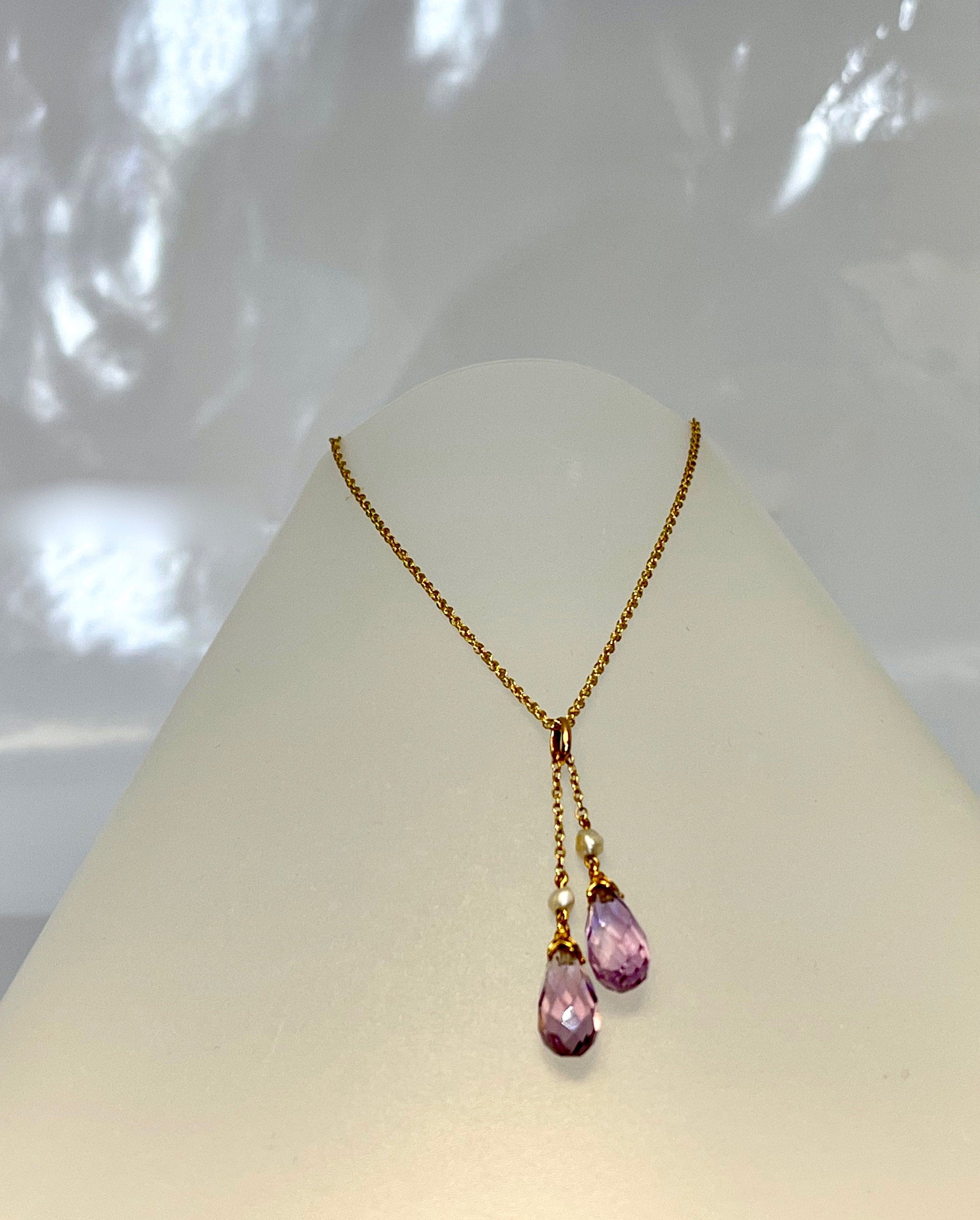Vintage 14k Yellow Gold Amethyst Briolette & Pearl Necklace