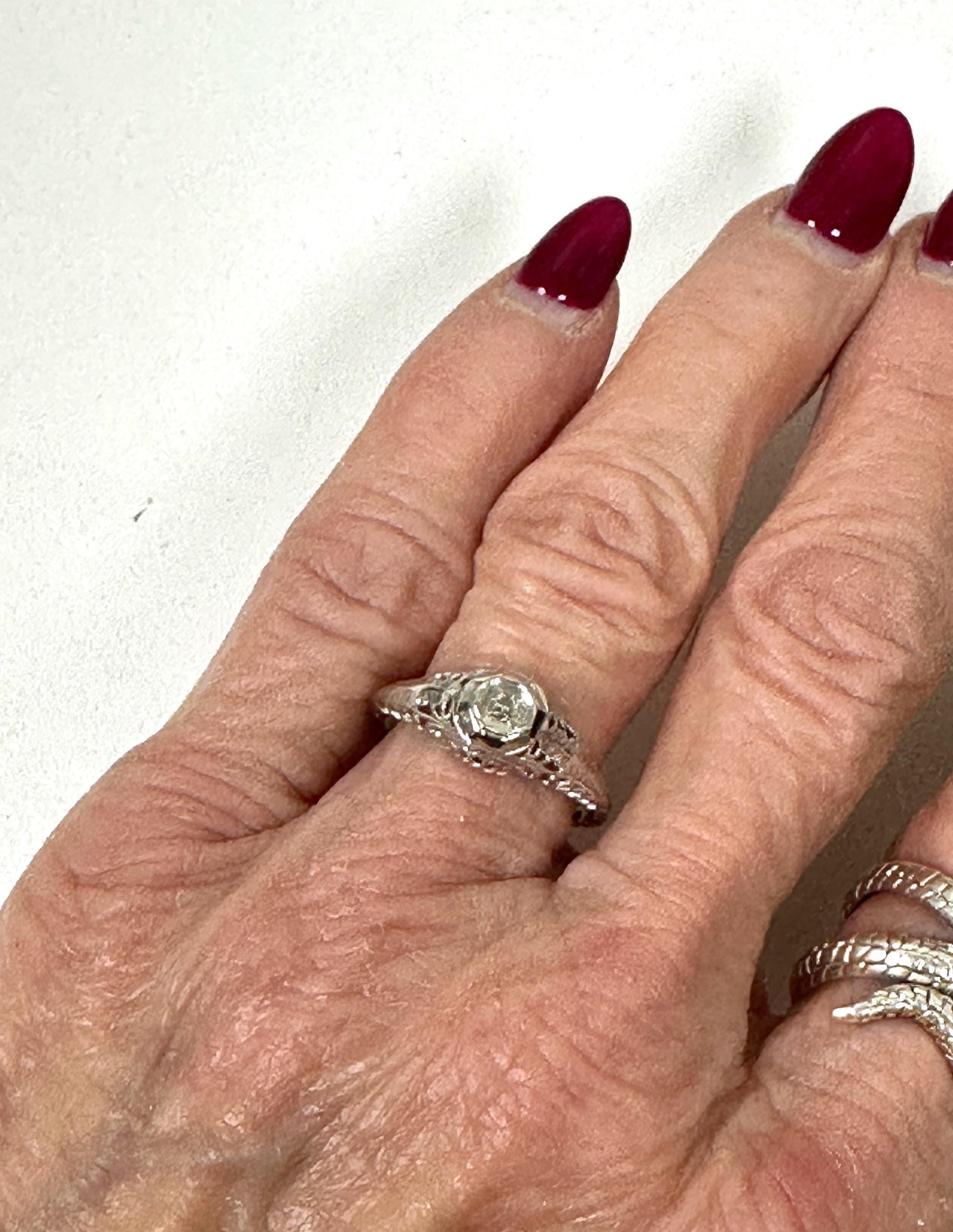 Edwardian Filigree Diamond Ring in 14K White Gold - Elegant Vintage Style