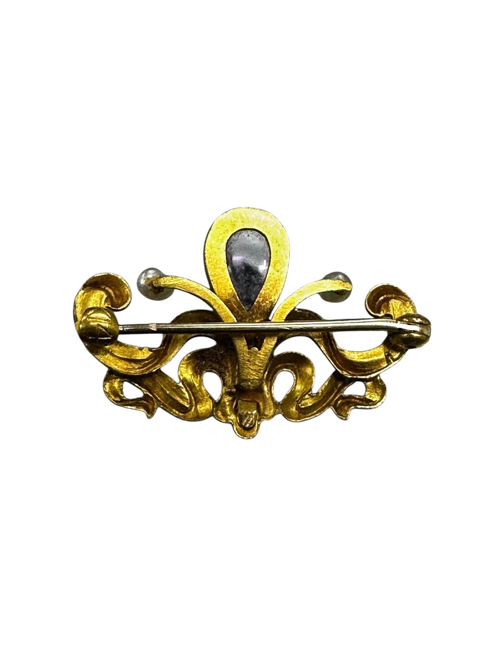 Art Nouveau Amethyst Pearl Brooch, 14K Yellow Gold Pin
