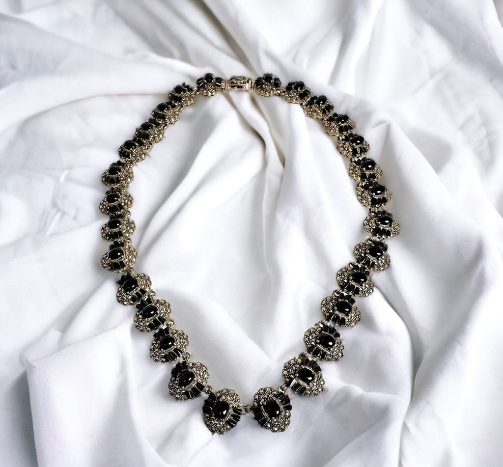 Vintage Sterling Silver Black Onyx Marcasite Link Necklace