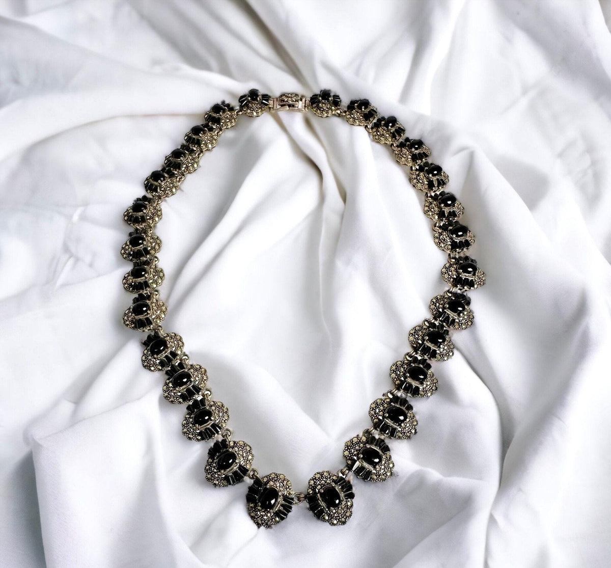 Vintage Sterling Silver Black Onyx Marcasite Link Necklace