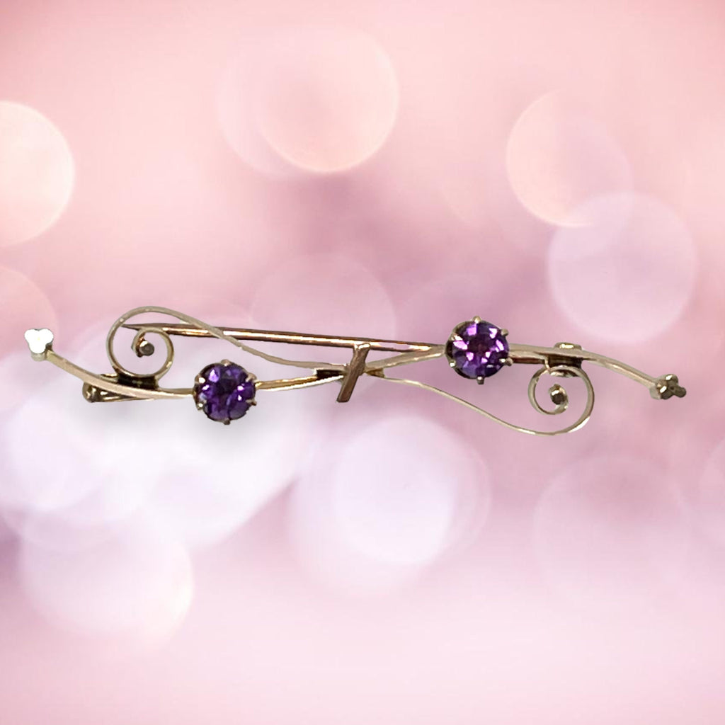 Antique 10k Gold Amethyst Bar Pin: Scrollwork Brooch