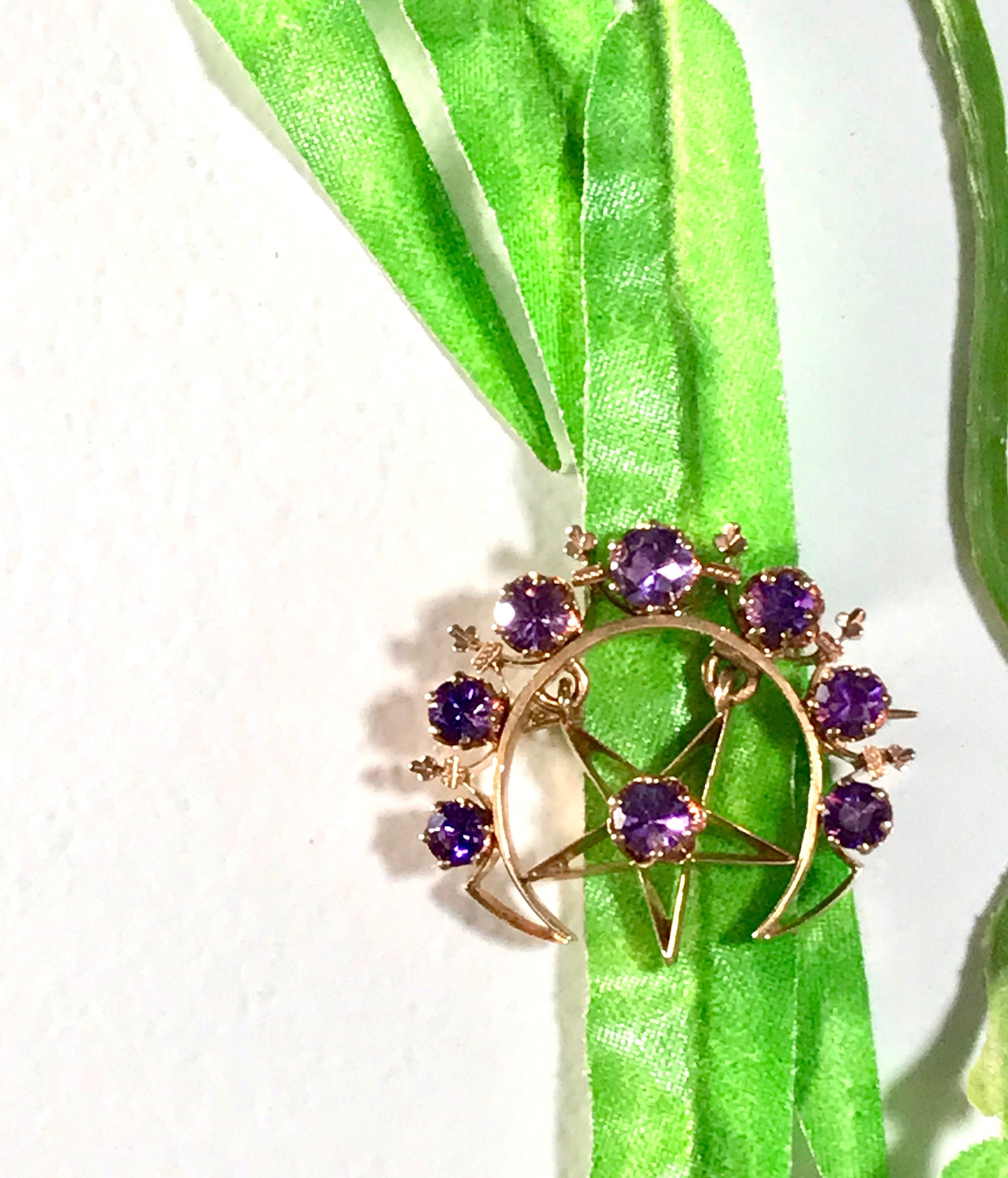 14K Yellow Gold Amethyst Moon and Star Brooch