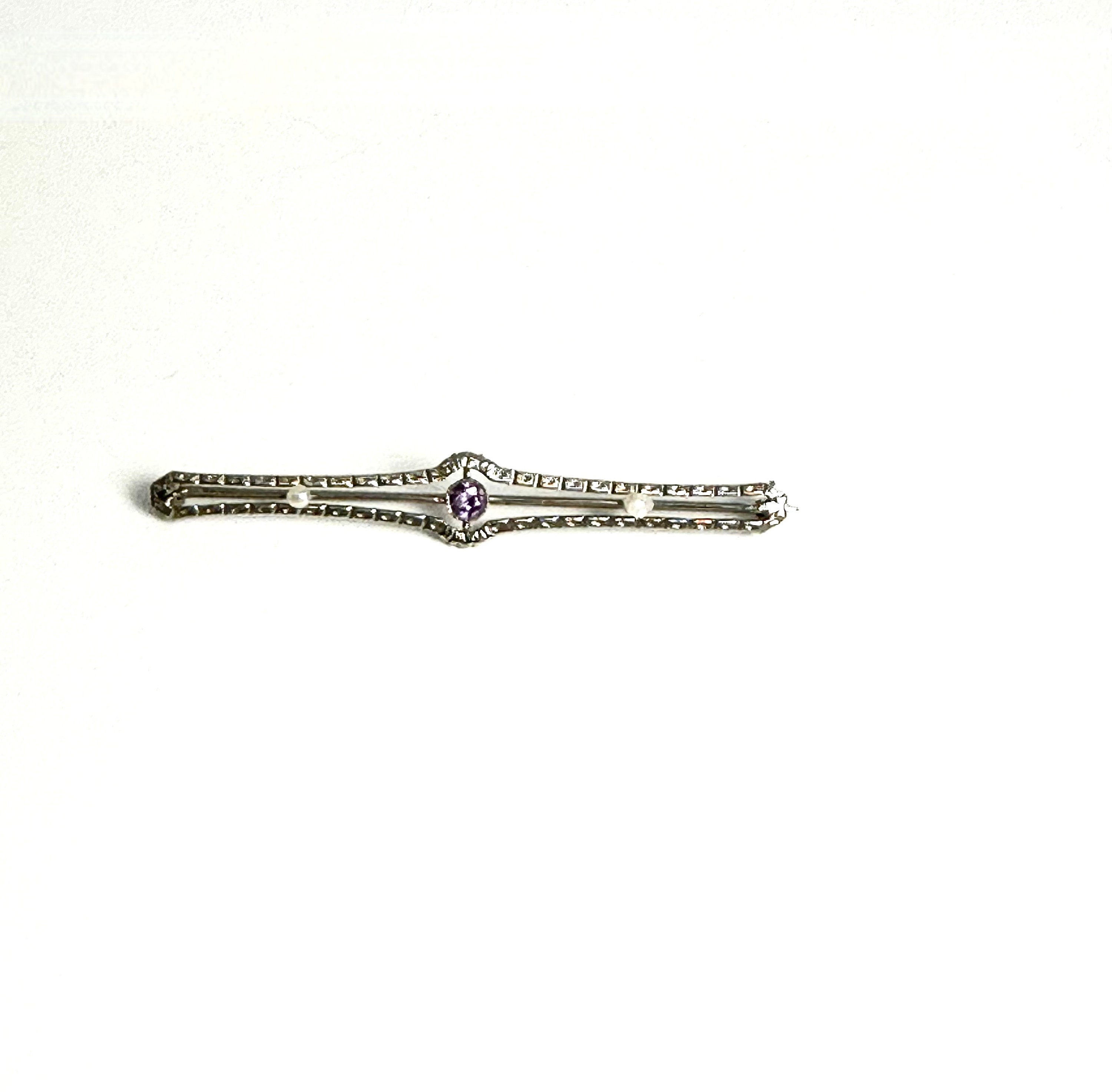 Elegant 10K White Gold Amethyst & Pearl Pin, Edwardian Style Amethyst Brooch