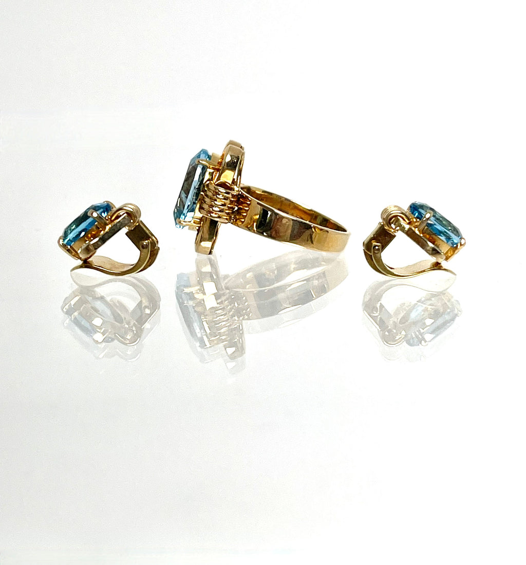 Vintage 14 Karat Yellow Gold Blue Topaz ring and Clip on Earring Set