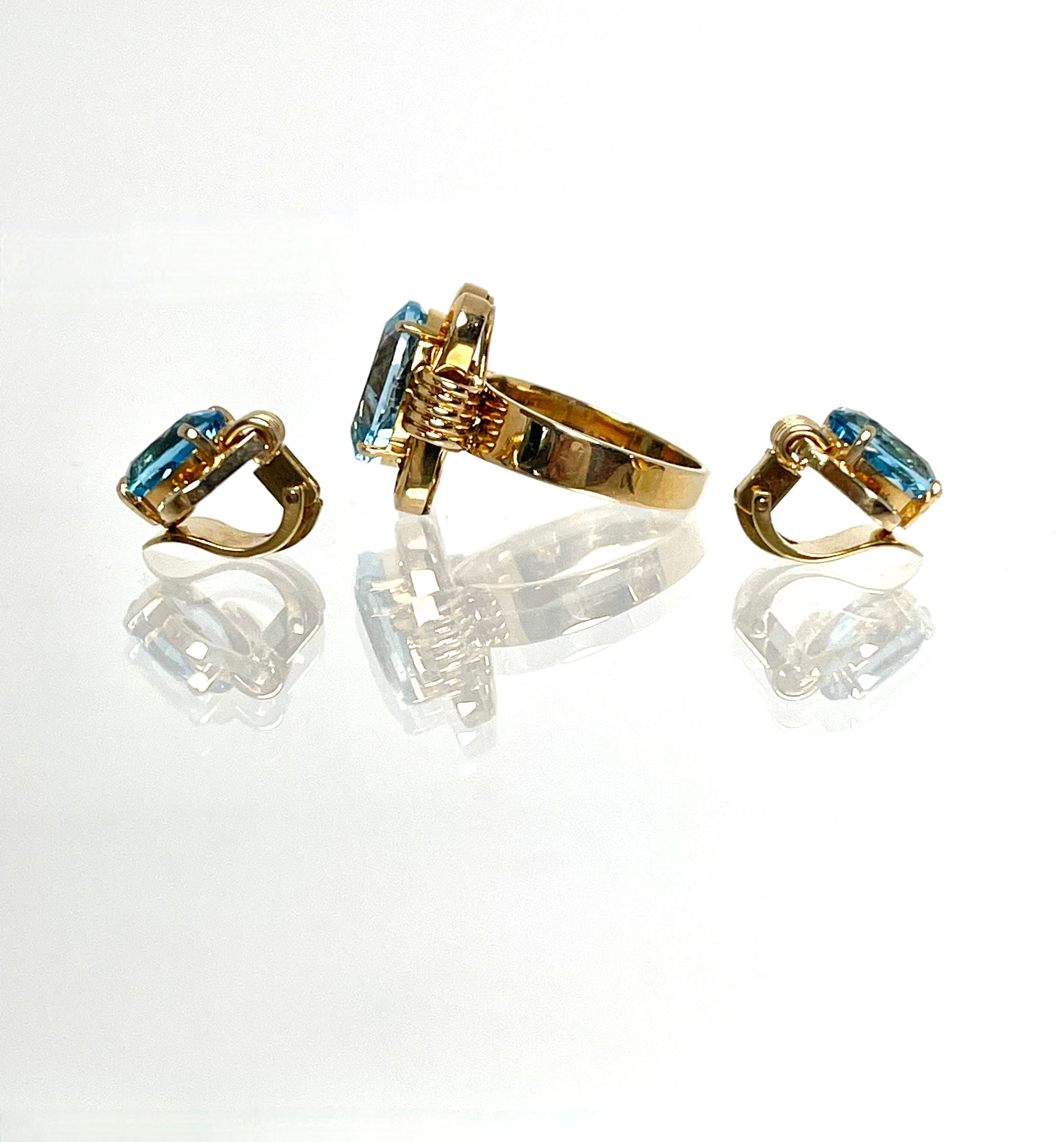 Vintage 14 Karat Yellow Gold Blue Topaz ring and Clip on Earring Set