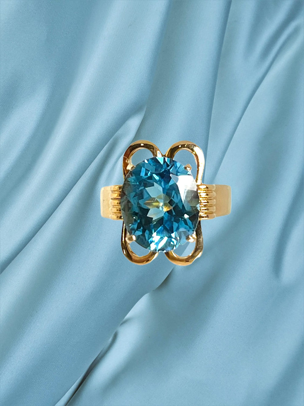 Vintage 14 Karat Yellow Gold Blue Topaz ring and Clip on Earring Set