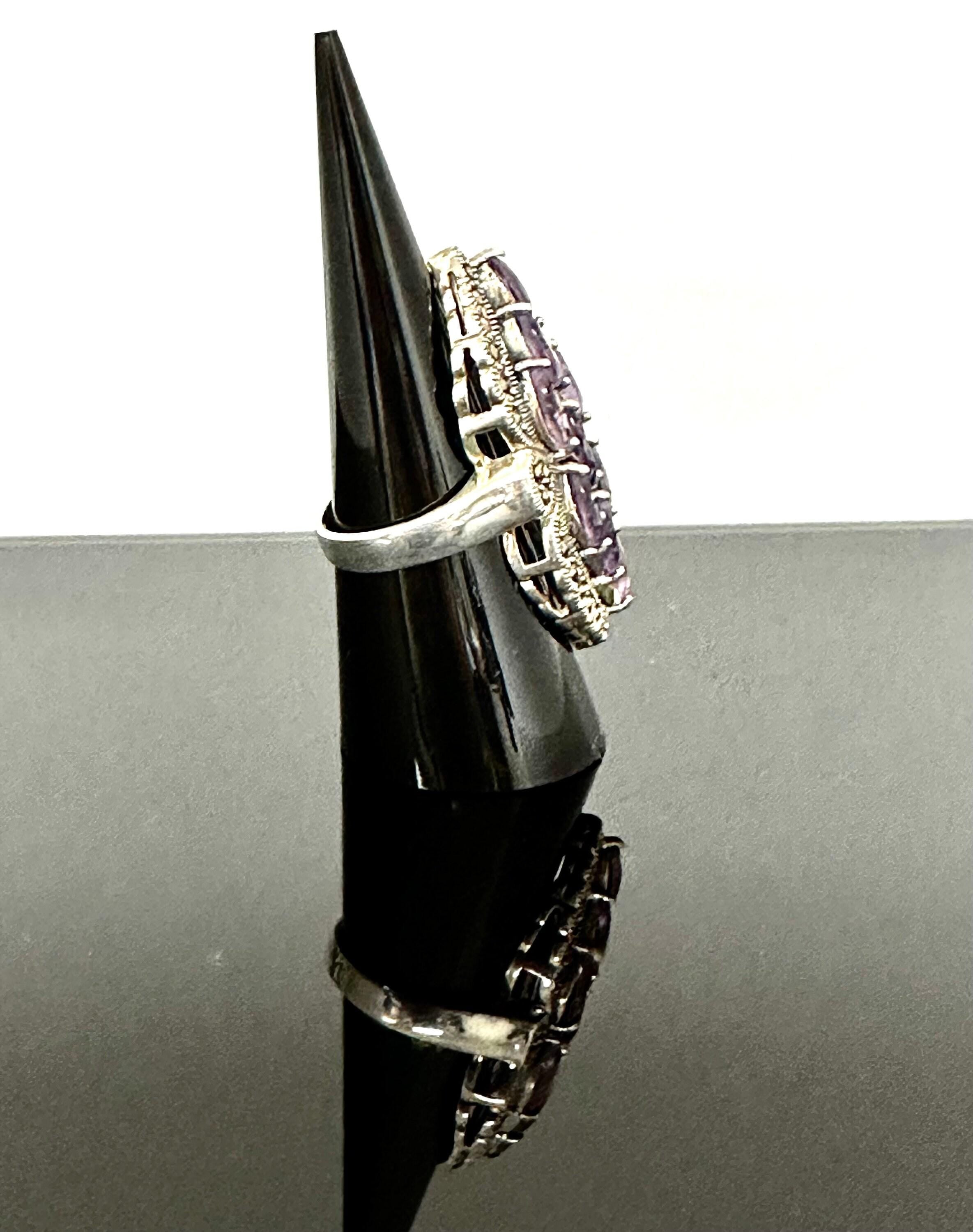 Sterling Silver Amethyst Marcasite Ring - Statement Ring Size 7.5