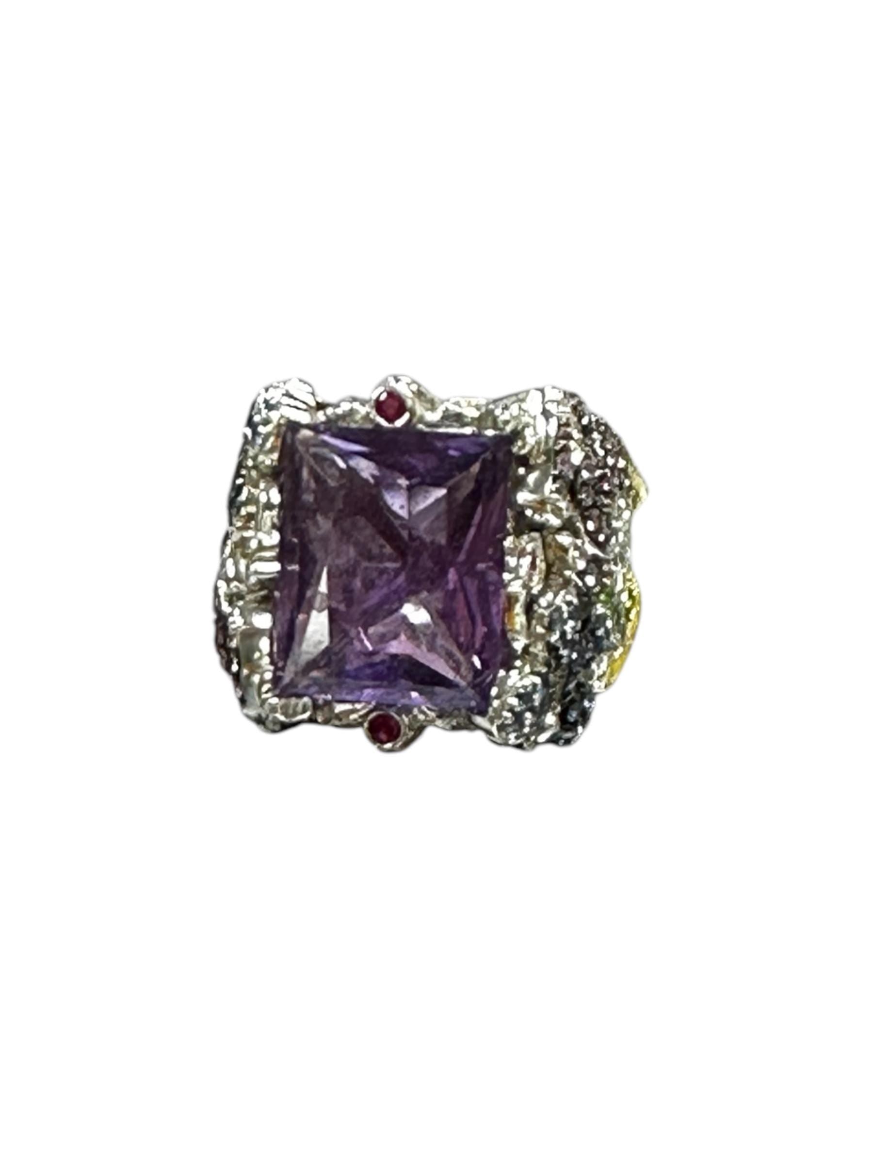 18K White Gold Amethyst Cocktail Ring: Sapphire, Ruby, Diamond Butterfly Flower Ring
